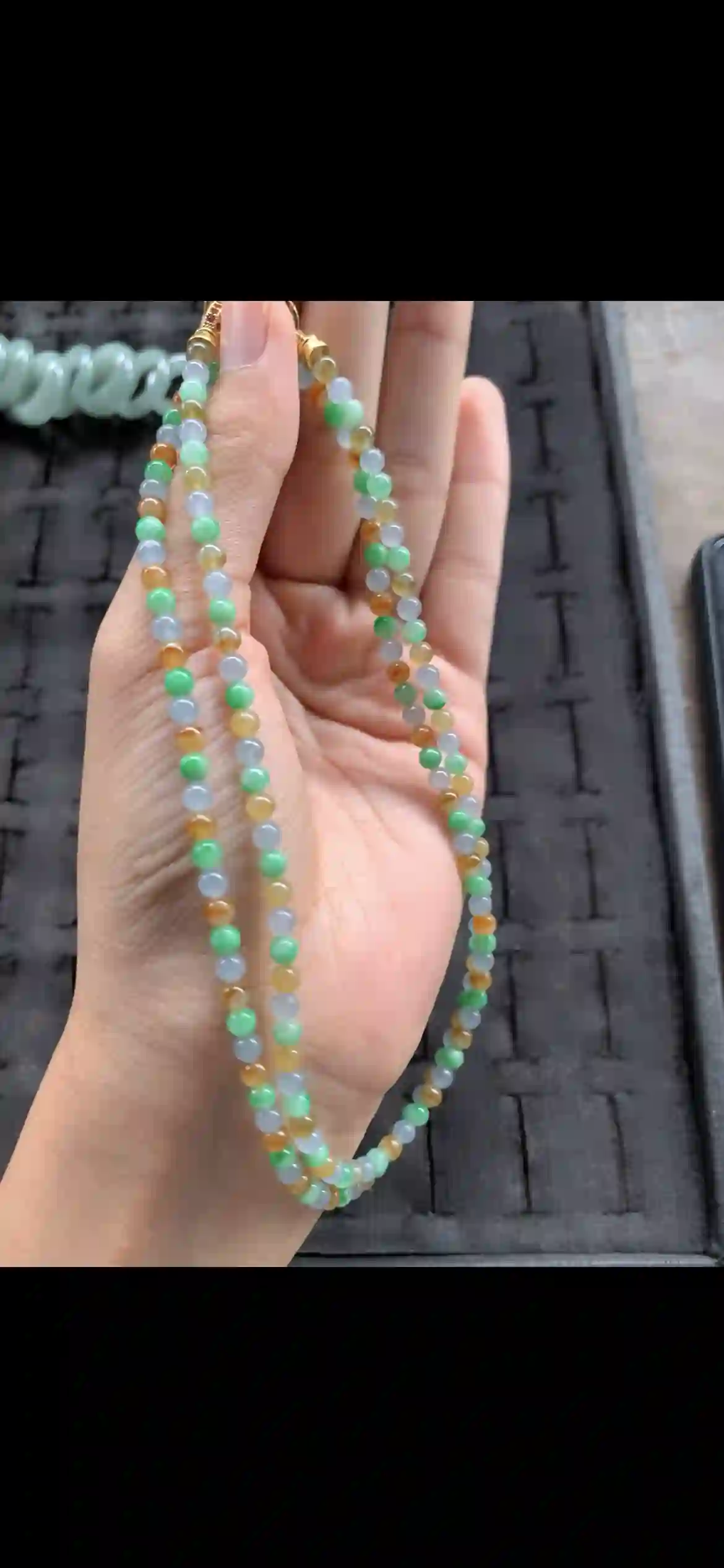 Tri-Color Gradient Jade Bead Necklace — White, Green & Honey Amber with Gold Clasp | Myanmar Jadeite reference #21810001