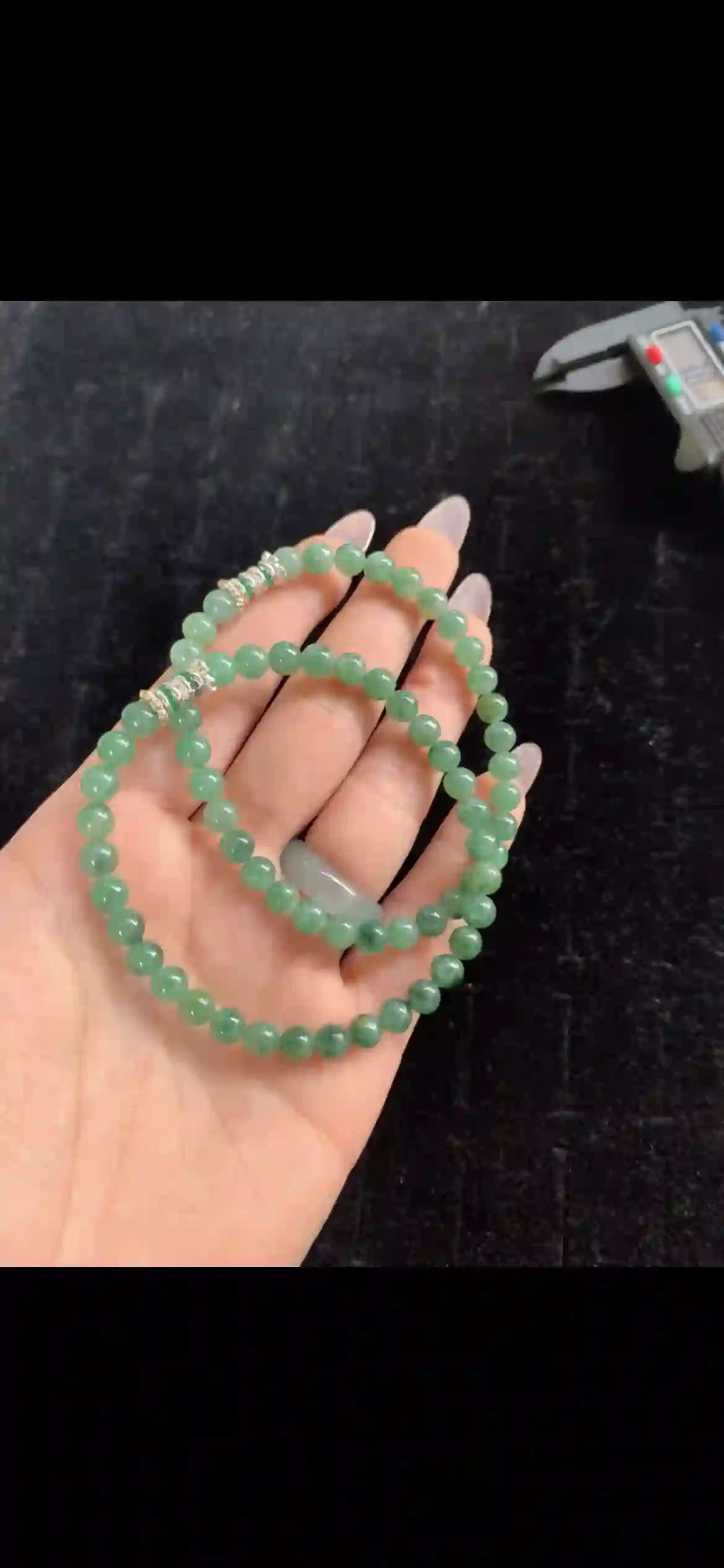 Double-Strand Icy Green Jadeite Beaded Bracelet — Diamond & Emerald Silver Spacers | Myanmar Jadeite reference #30330001