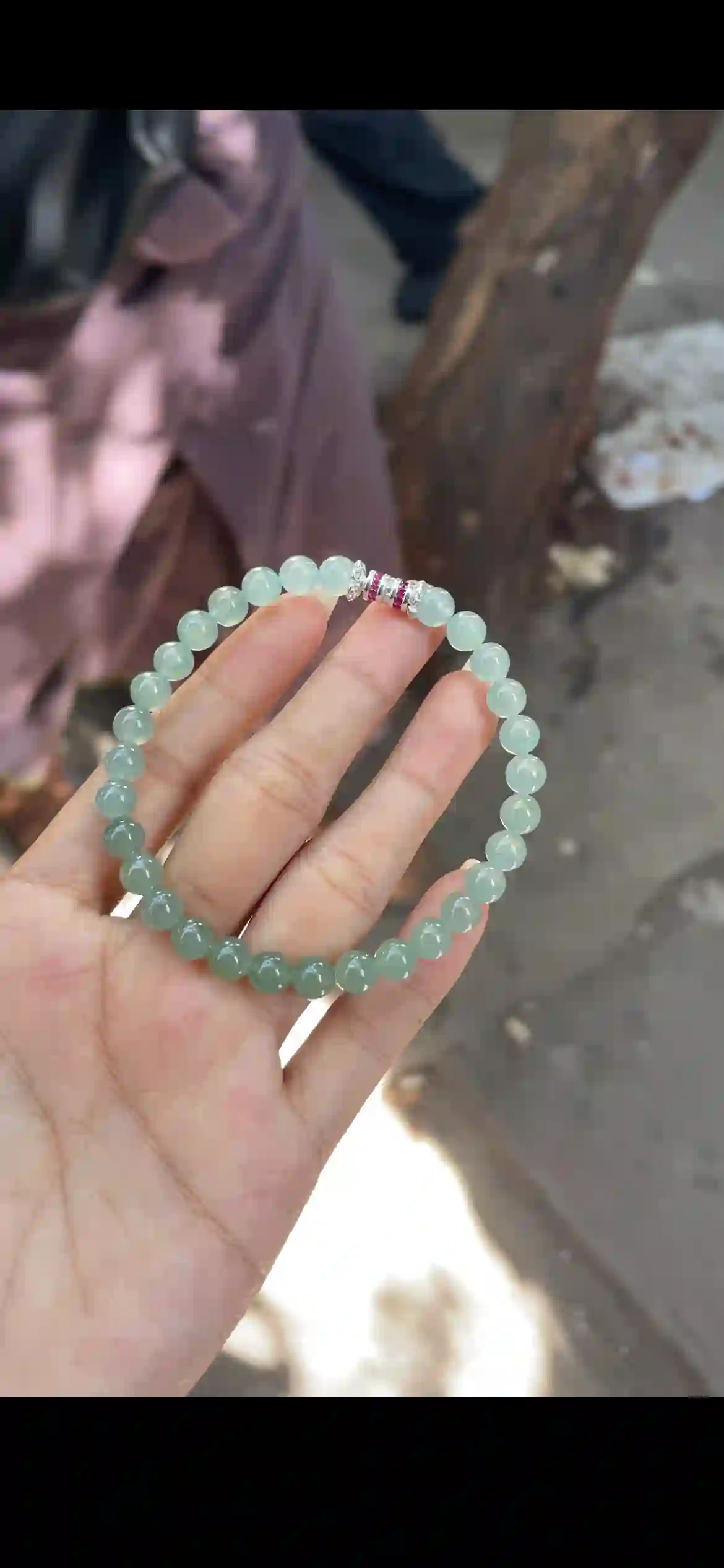 Icy Pale Green Jade Bead Bracelet with Crystal & Ruby Accent Clasp, view 2 | Myanmar Jadeite reference #18960001