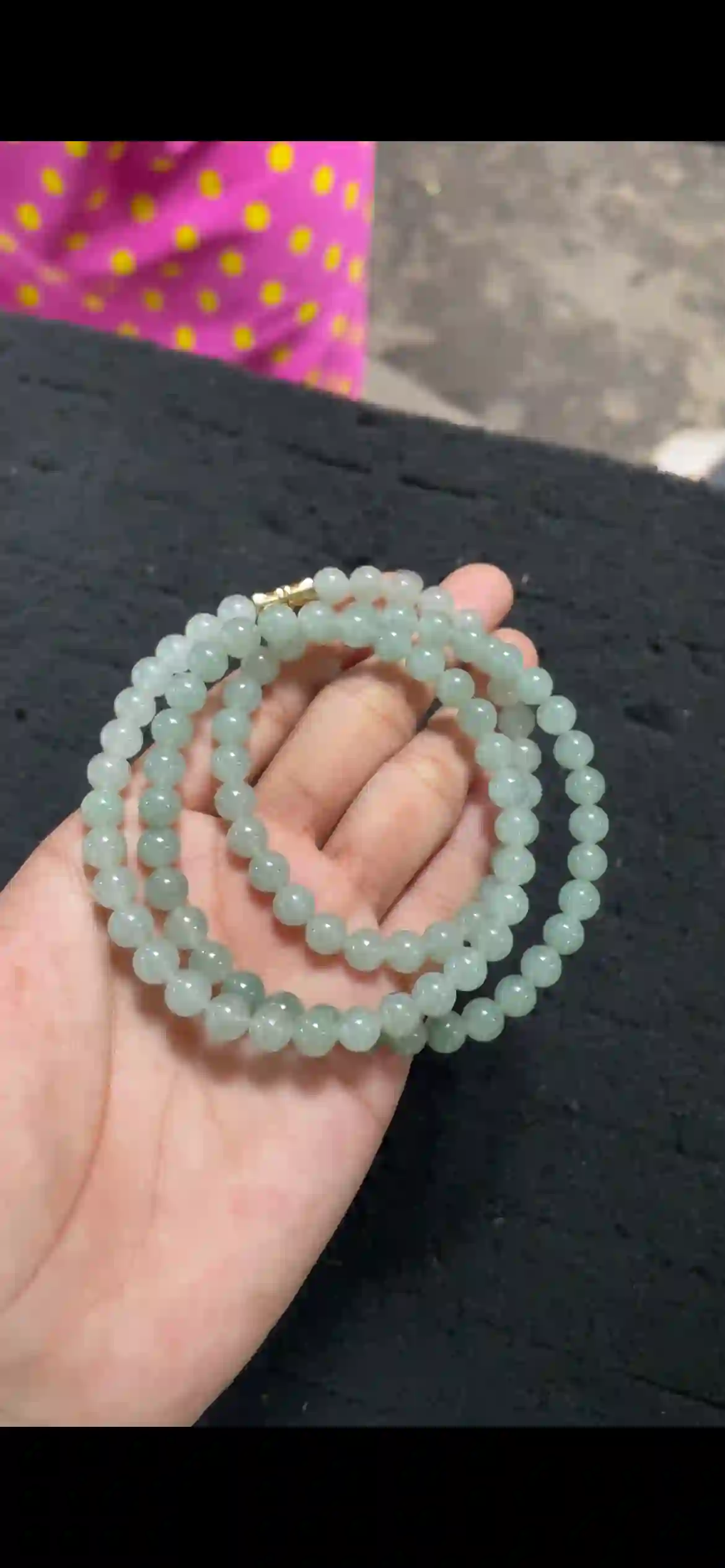 Icy Soft Green Translucent Jadeite Beaded Necklace with Gold Clasp, view 2 | Myanmar Jadeite reference #4500001