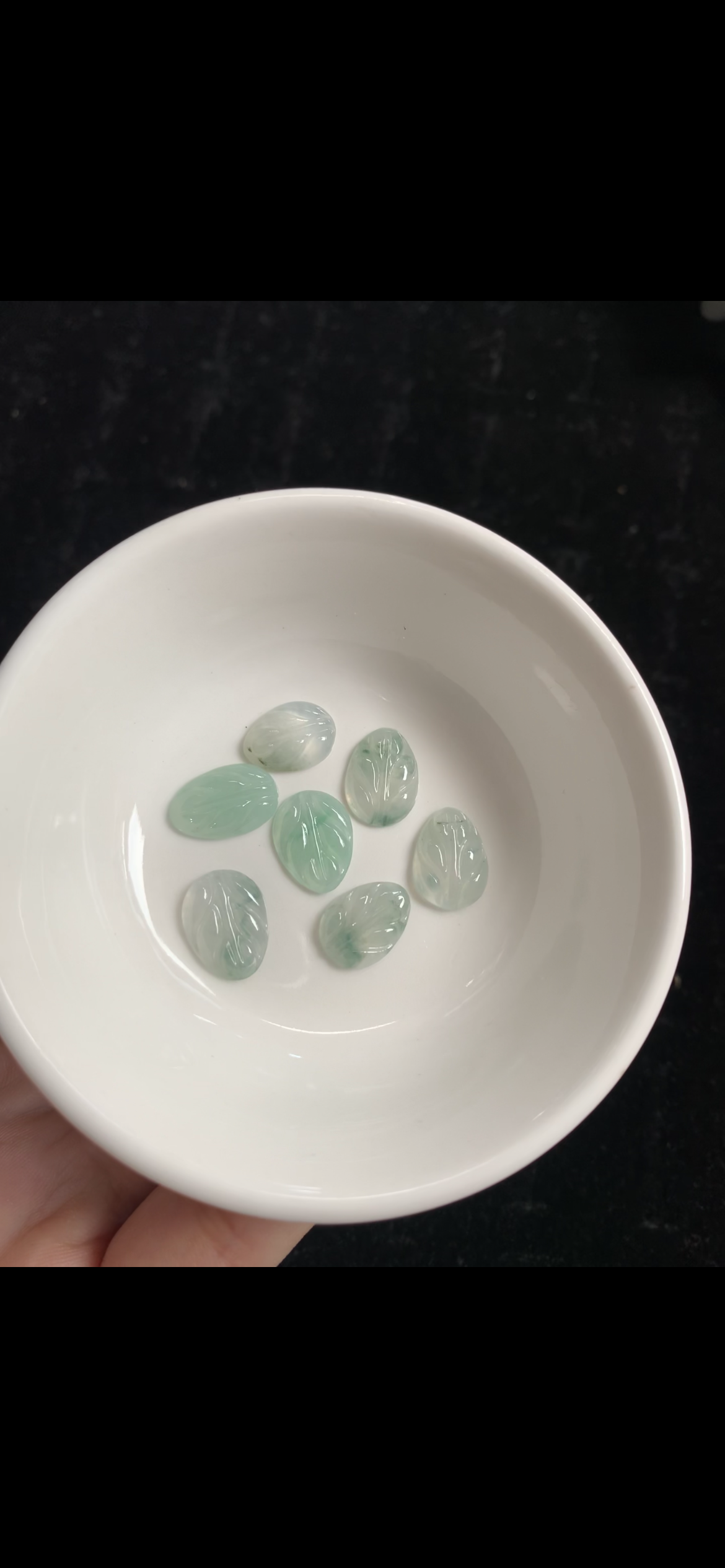 Set of Six Carved Jade Leaf Cabochons — Icy & Spring Green
