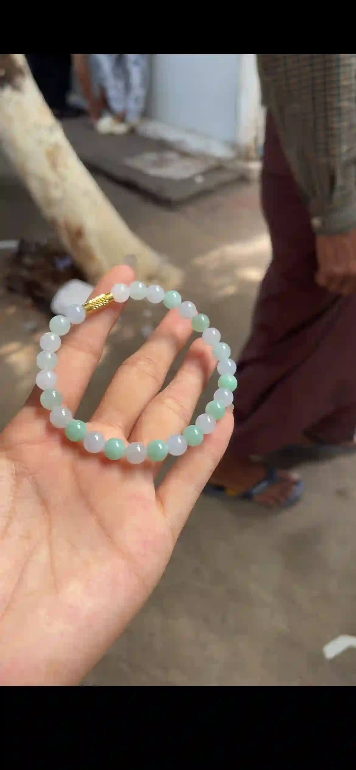 Soft Pale Icy Green & White Jadeite Bead Bracelet with Gold Clasp, view 2 | Myanmar Jadeite reference #24930001