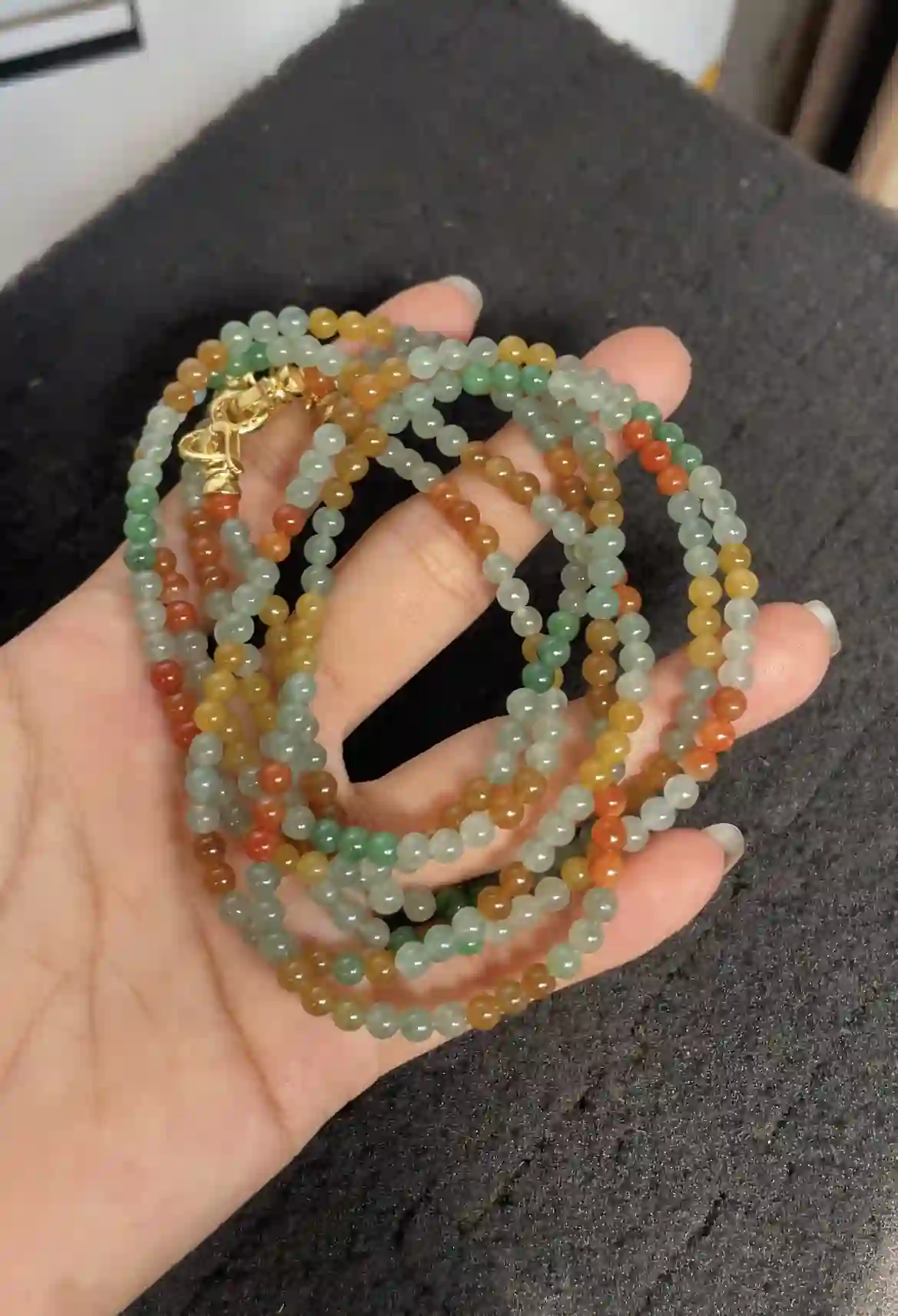 Multicolor Icy Jadeite Beaded Long Necklace / Multi-Layer Bracelet with Gold Plated Clasp | Myanmar Jadeite reference #3450001