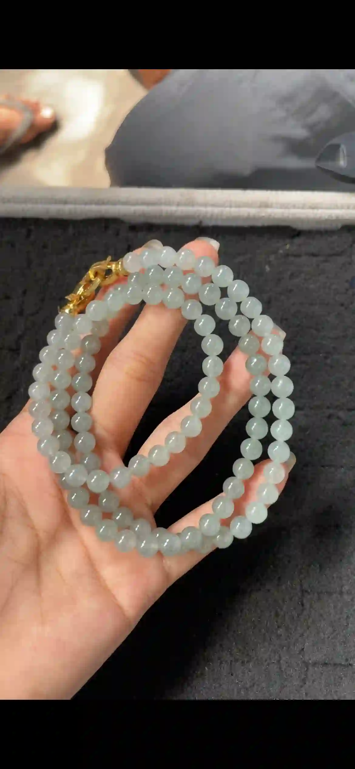   Natural Icy Pale Green Jadeite Bead Necklace with Gold Clasp | Myanmar Jadeite reference #6690003