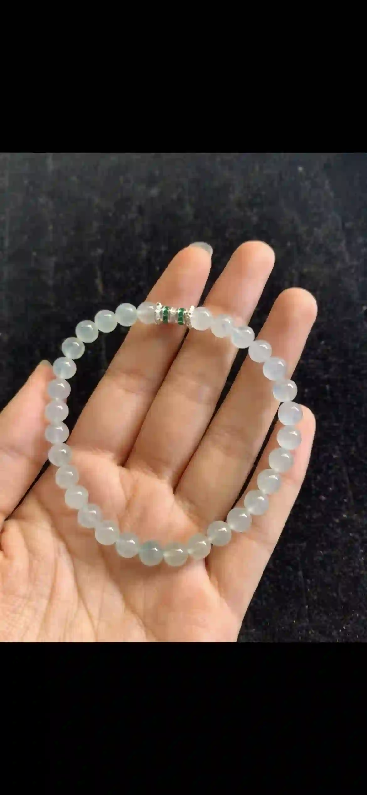 Premium Icy Translucent Jadeite Beaded Bracelet with Green Accent Spacer | Myanmar Jadeite reference #23730001