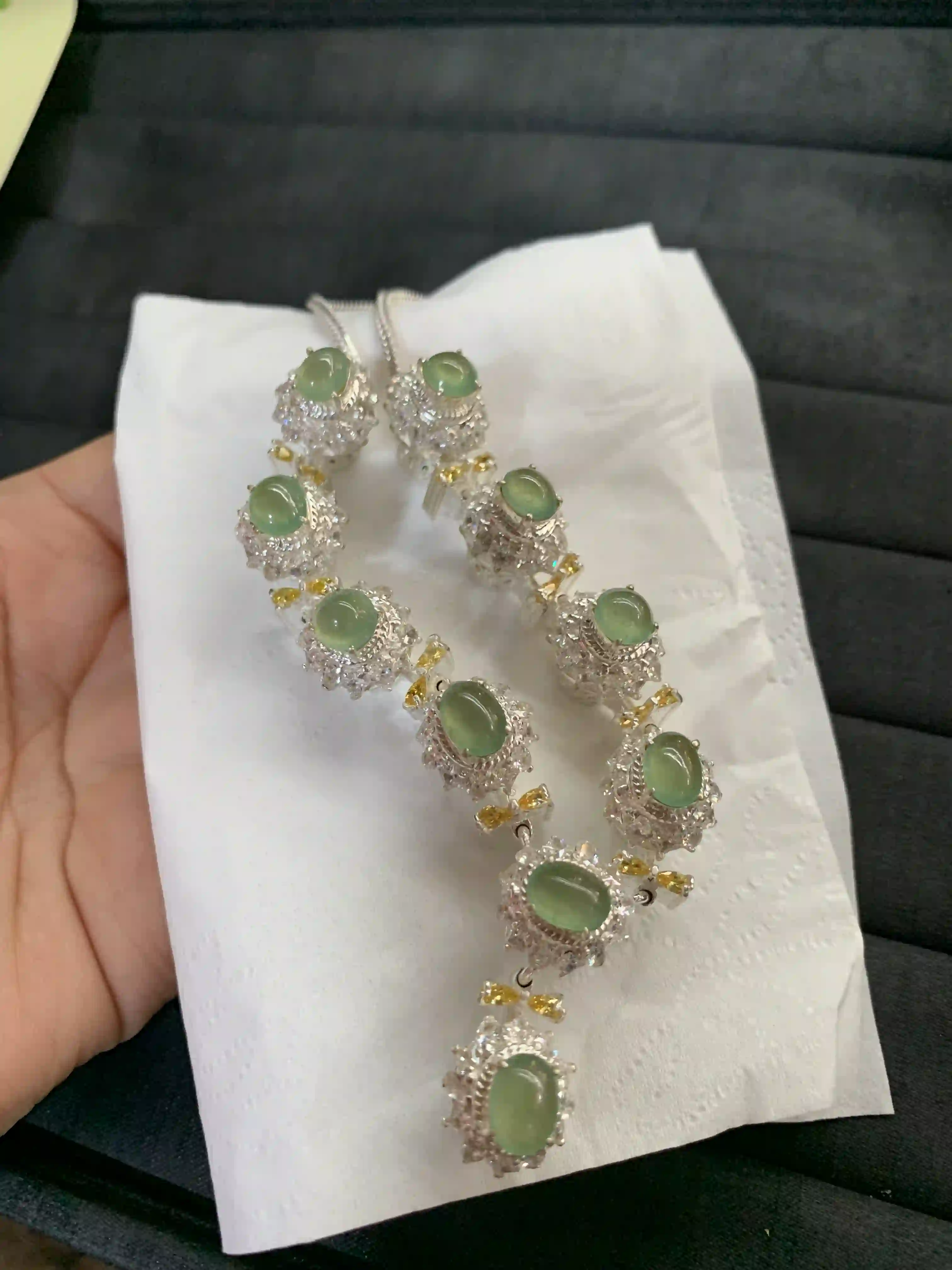Luxurious Light Green Gemstone Necklace with Dual-Tone Metal Setting, view 2 | Myanmar Jadeite reference #1530003
