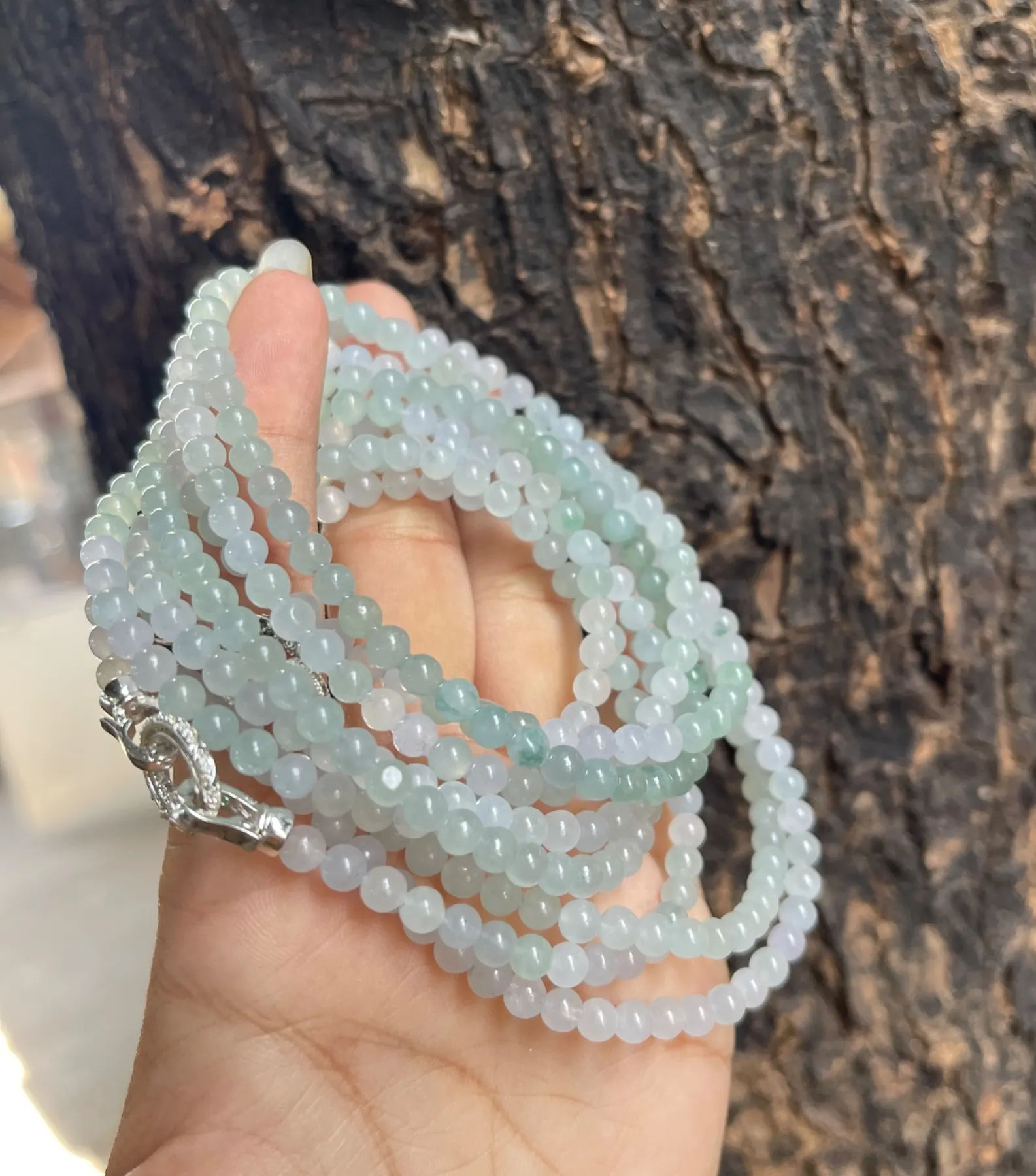 Natural High-Translucency Ice Variety Pastel Mint Green & Lavender Jadeite Bead Multi-Strand Necklace / Multi-Wrap Layered Bracelet Set with Silver Clasp | Myanmar Jadeite reference #39060001