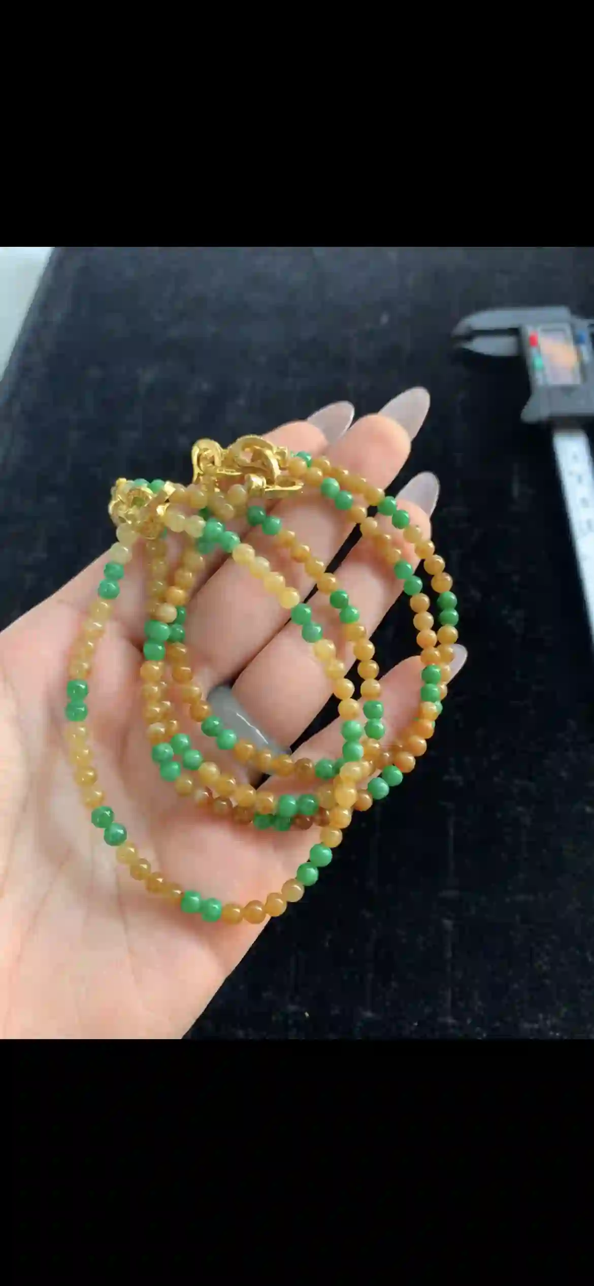 Triple-Strand Honey-Yellow & Vivid Green Jadeite Beaded Necklace — Gold Clasp | Myanmar Jadeite reference #30180001