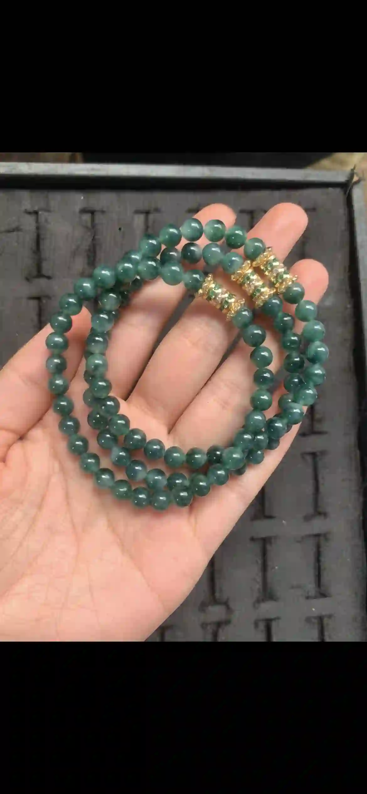 Deep Dark Green Jadeite Bead Three-Strand Bracelet with Gold & Green Crystal Accents | Myanmar Jadeite reference #20250001