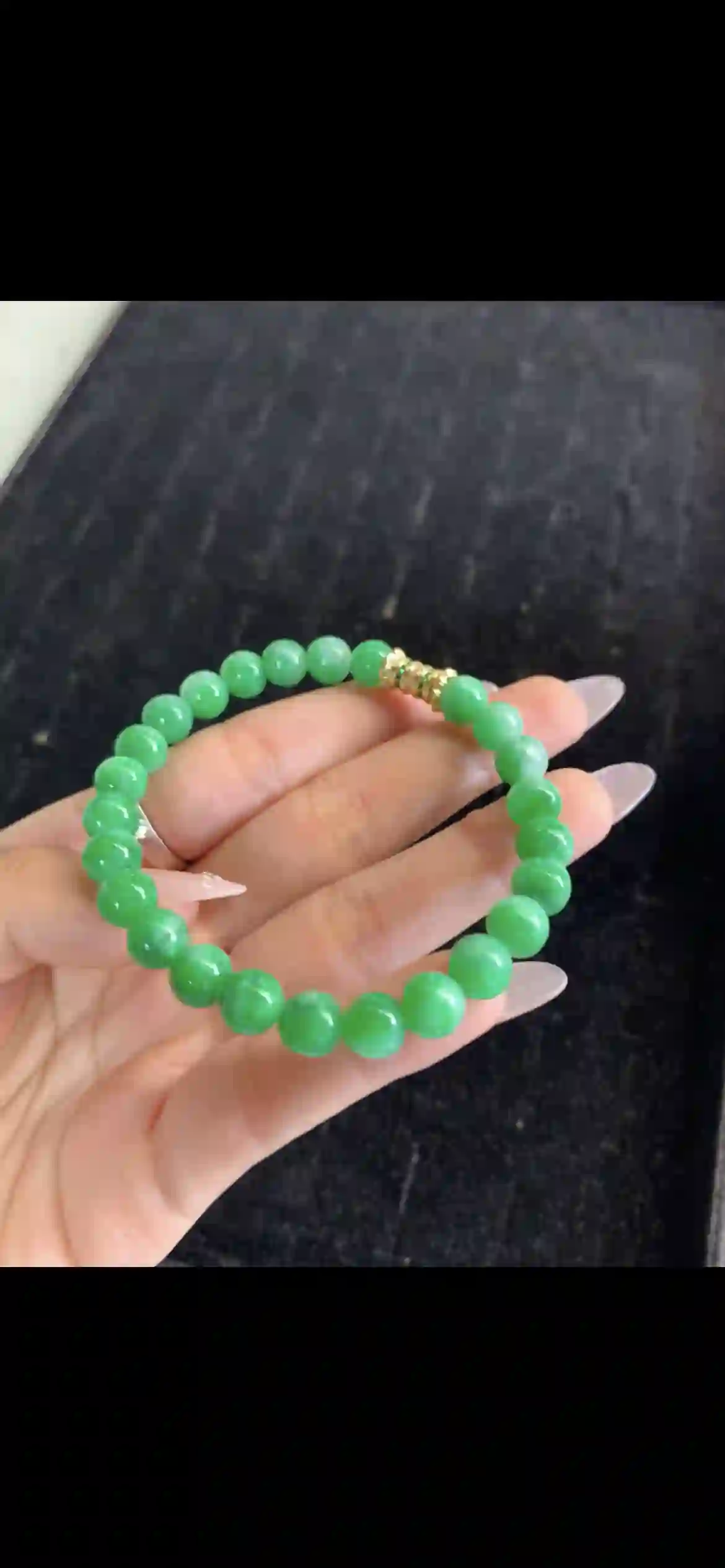 Vibrant Solid Green Jadeite Bead Bracelet with Gold Spacer | Myanmar Jadeite reference #21930001