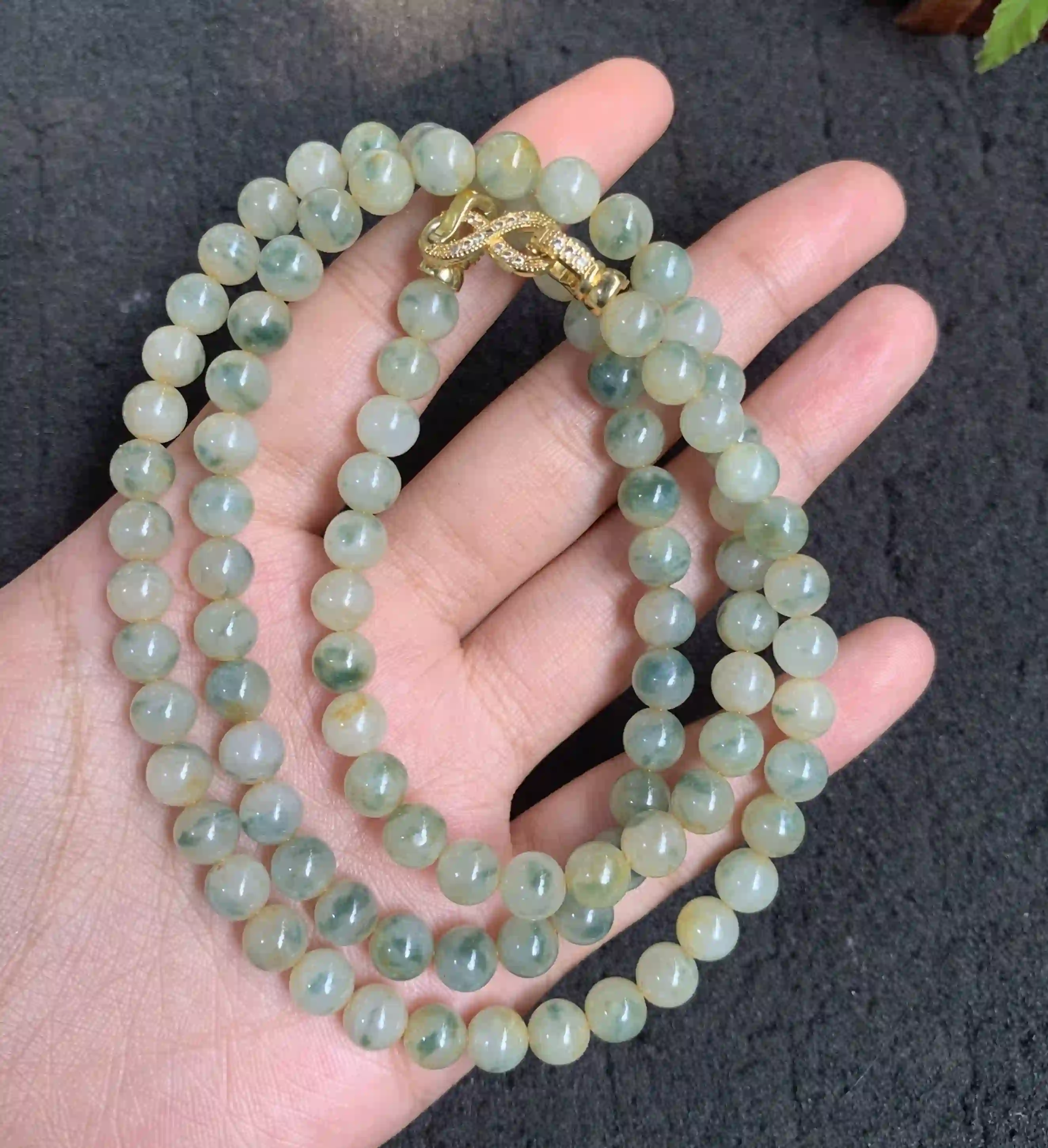 Multi-Strand Jadeite Bead Necklace with Gold-Toned Clasp, view 2 | Myanmar Jadeite reference #150002