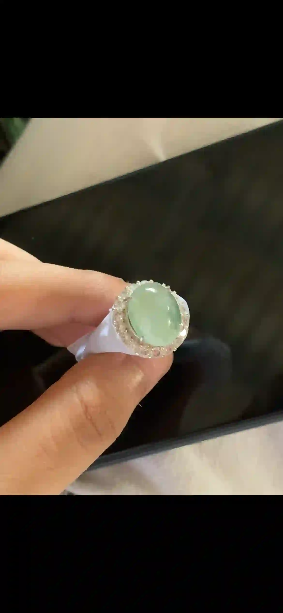 Icy Pale Green Jade Cabochon Ring with Diamond Halo Setting | Myanmar Jadeite reference #30930001