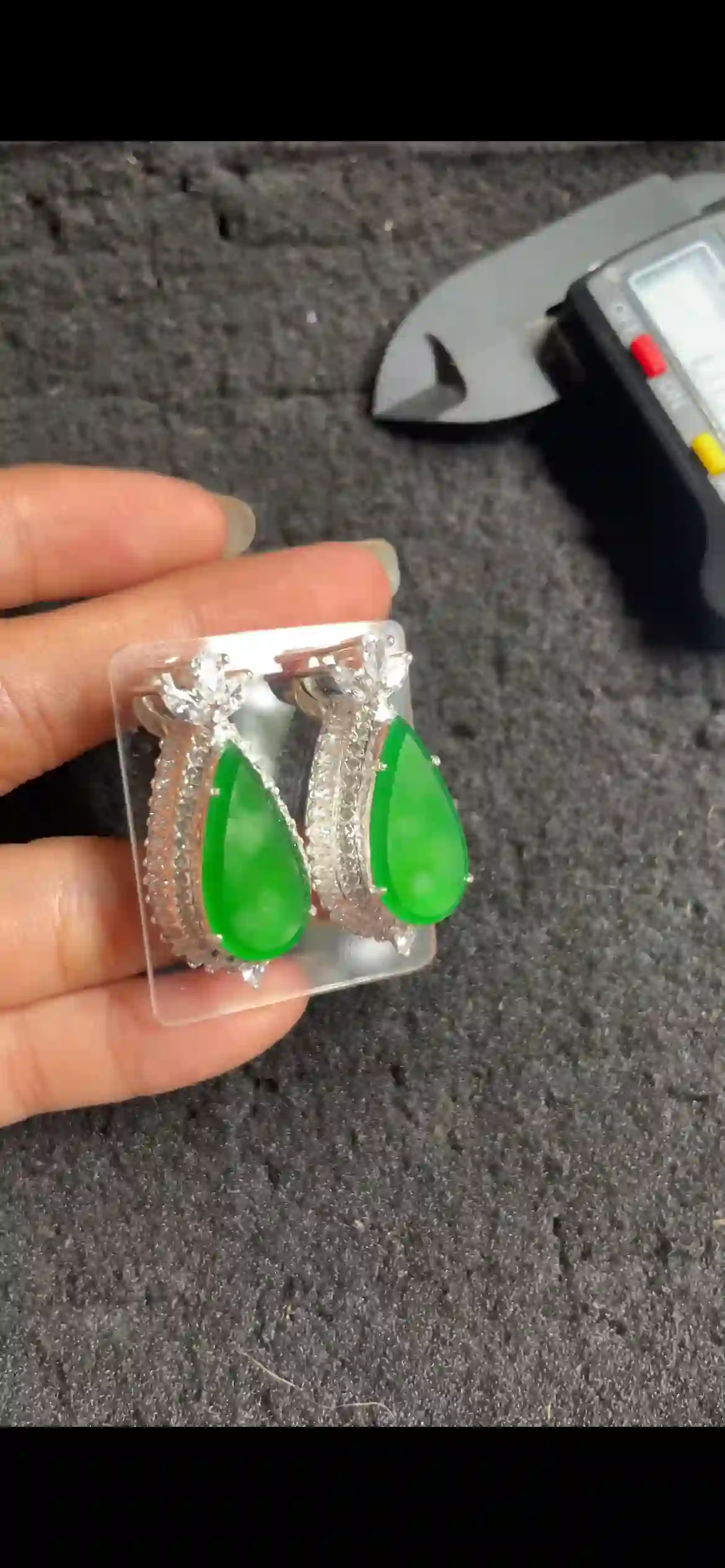 Title  Vivid Emerald Green Jade Teardrop Earrings with Double Diamond Halo, Sterling Silver Setting, view 2 | Myanmar Jadeite reference #5760001