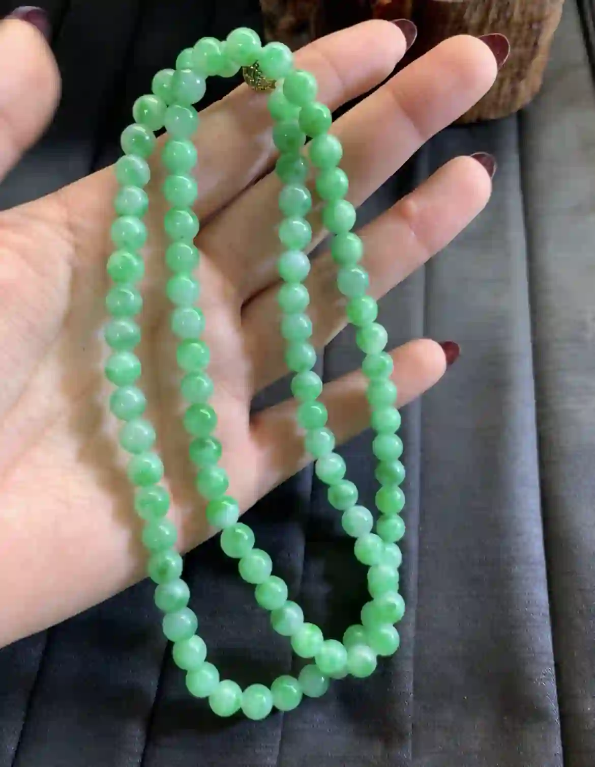   Bright Green Floating Flower Jade Beaded Long Necklace | Myanmar Jadeite reference #2910006