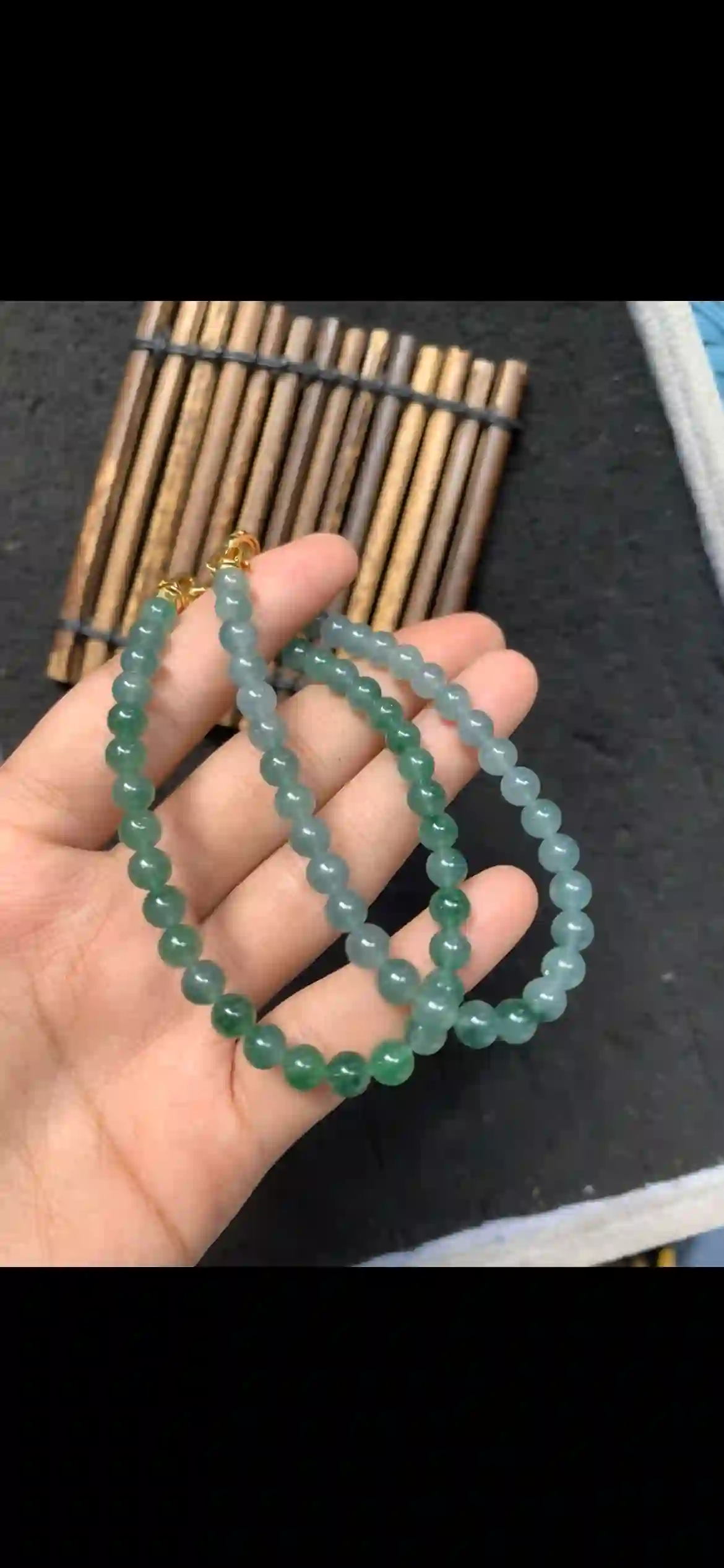  Natural Icy Blue-Green Jadeite Bead Necklace with Gold Clasp, view 2 | Myanmar Jadeite reference #6900002