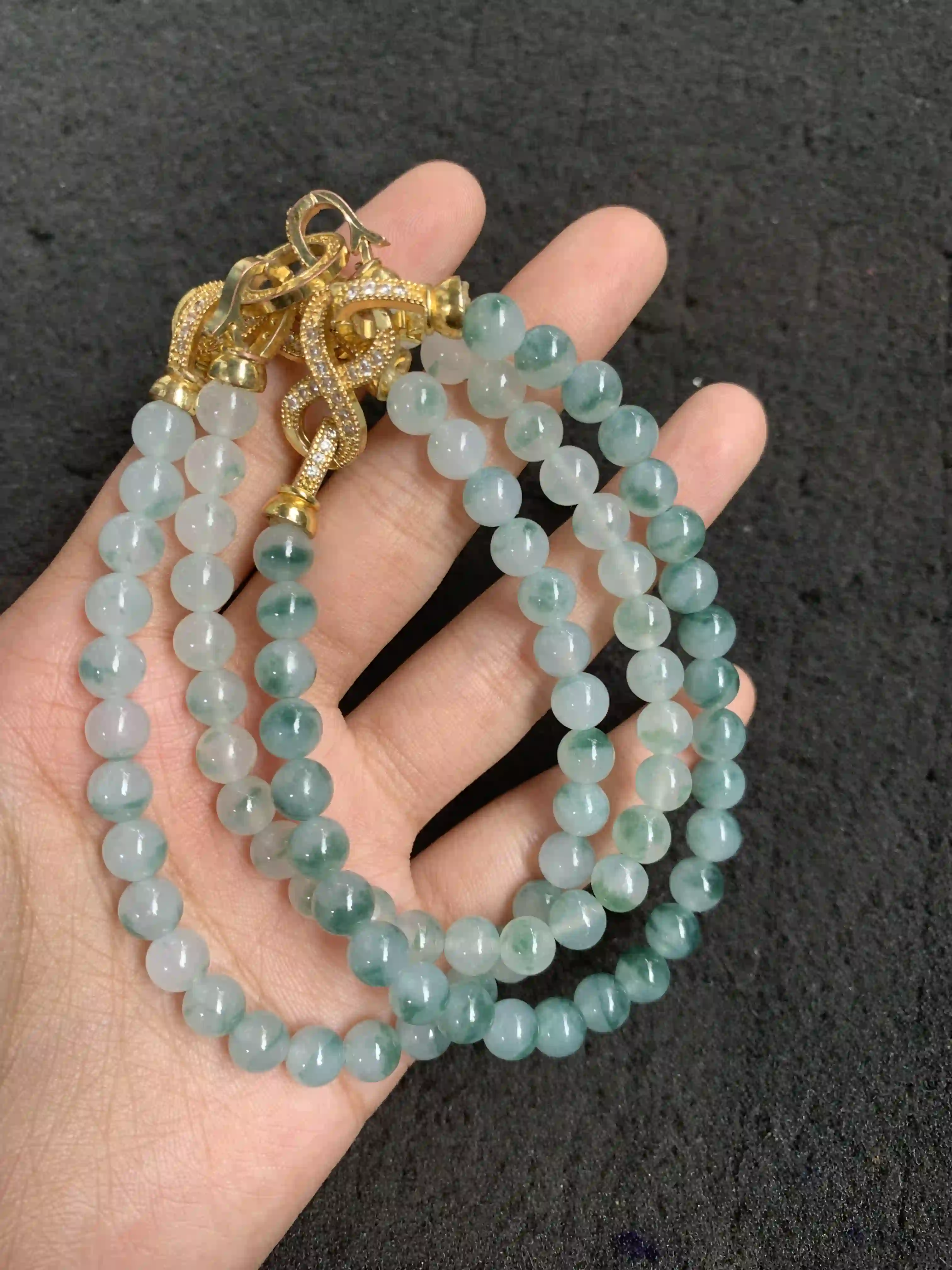  Natural Jadeite Beaded Necklace with Gold Clasp, view 2 | Myanmar Jadeite reference #810001