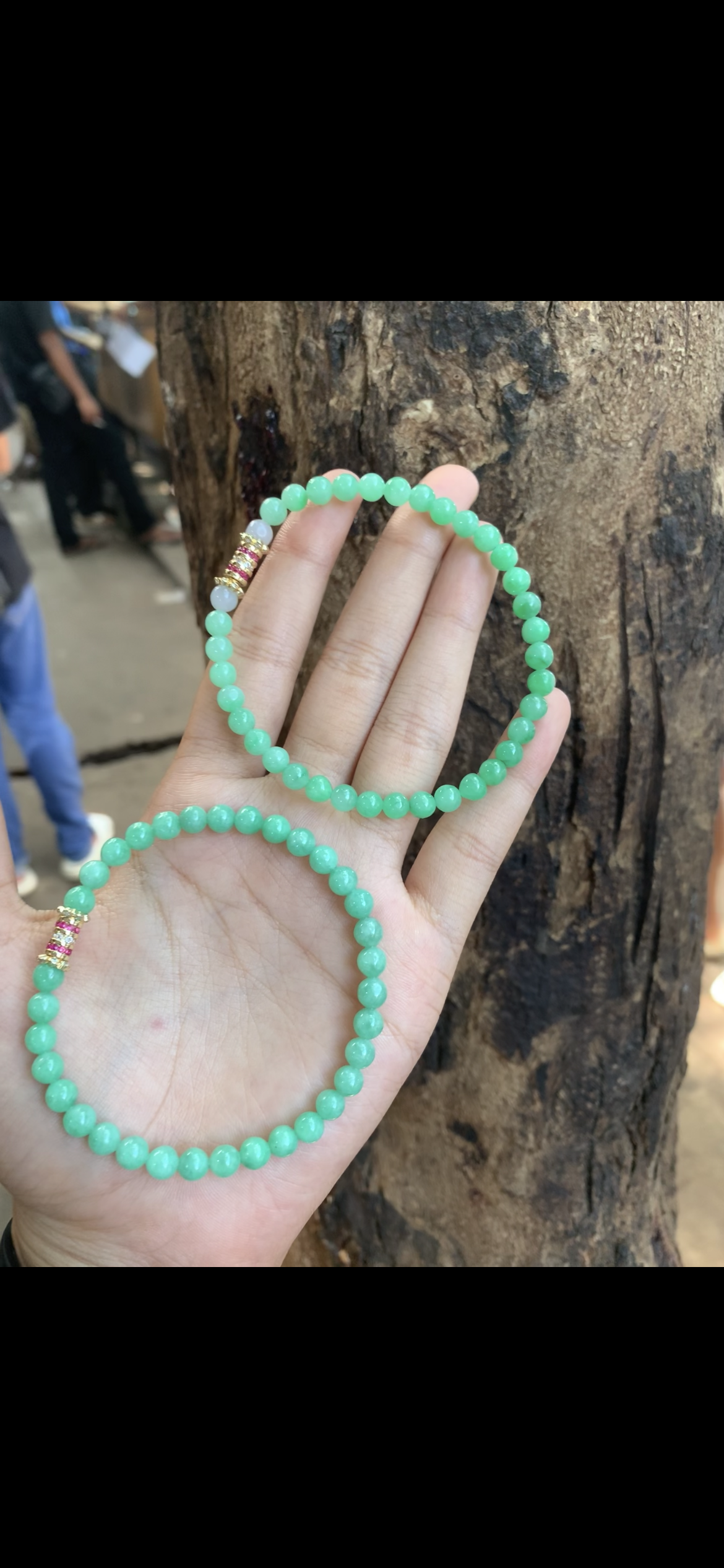 Spring Green Jade Beaded Bracelet Pair with Gold & Crystal Accents