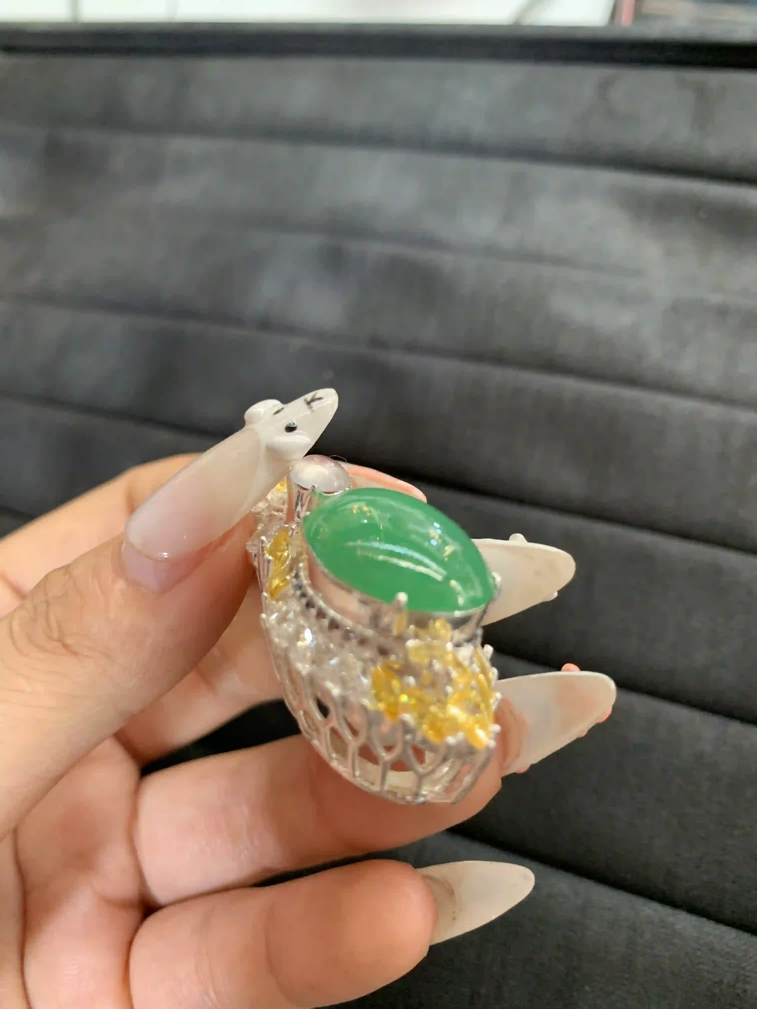 Exquisite Green Gemstone Ring with Dual-Tone Metal Design | Myanmar Jadeite reference #1500001