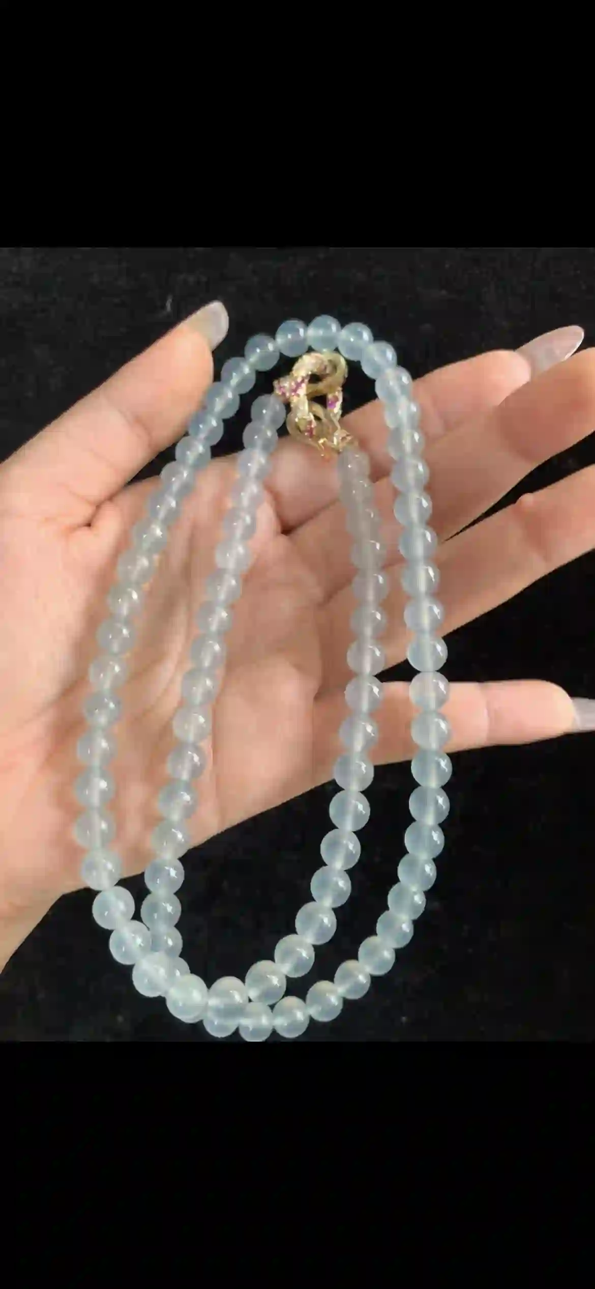 Icy Sky-Blue Jade Double-Strand Necklace with Gold & Ruby Clasp | Myanmar Jadeite reference #32820001