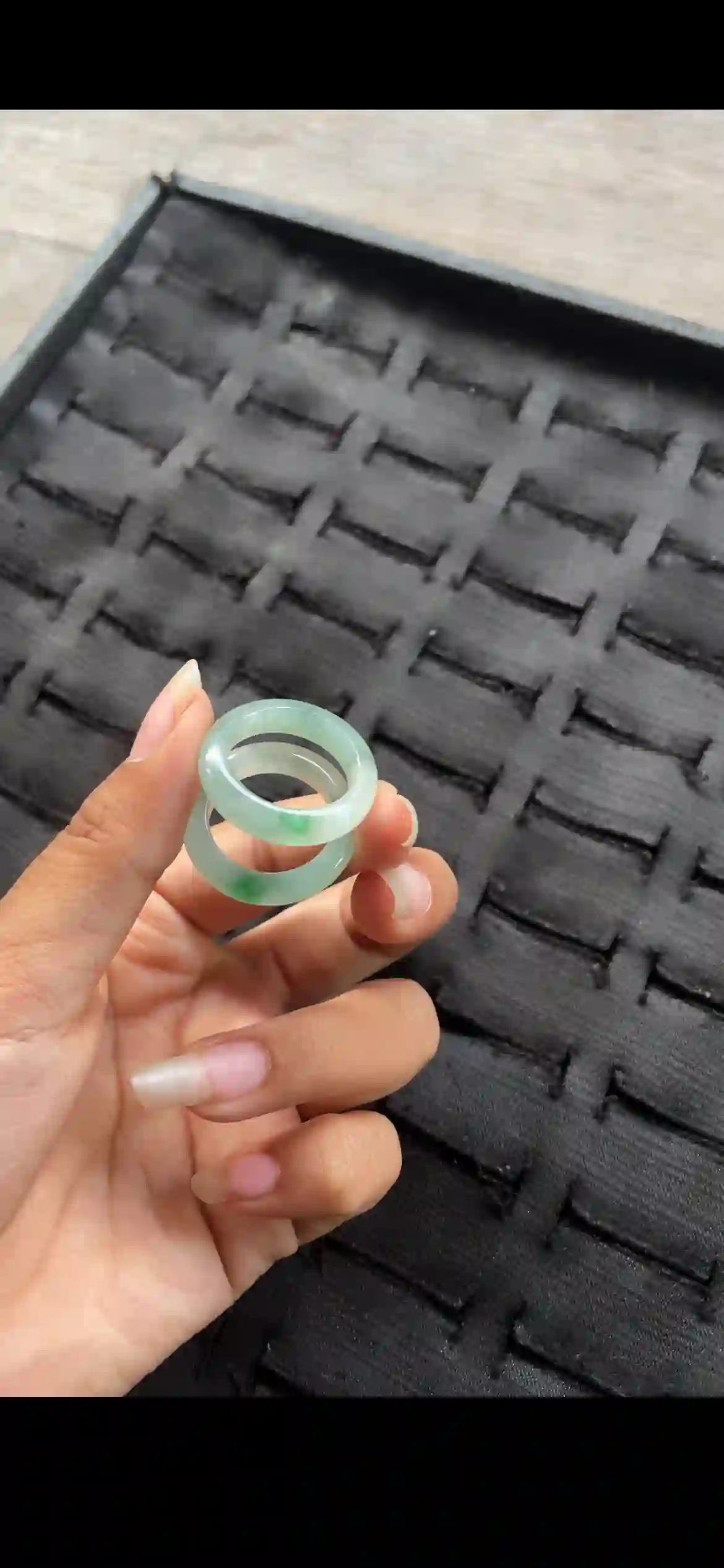 Matching Pair of Icy Floating Green Jadeite Band Rings, view 2 | Myanmar Jadeite reference #23970001