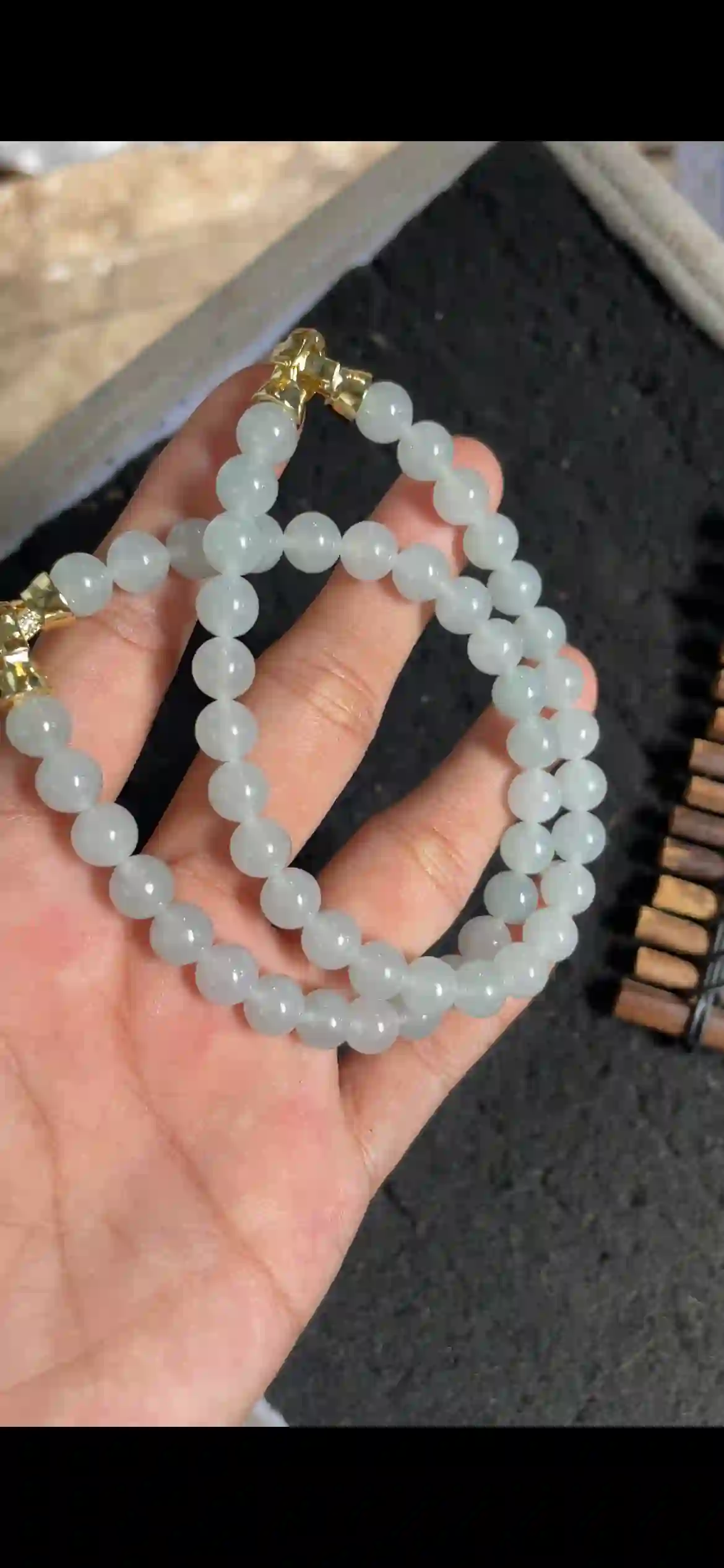  Icy Translucent Pale Blue Jade Bead Necklace, Fine Round Beaded Chain with Gold Clasp | Myanmar Jadeite reference #5040001