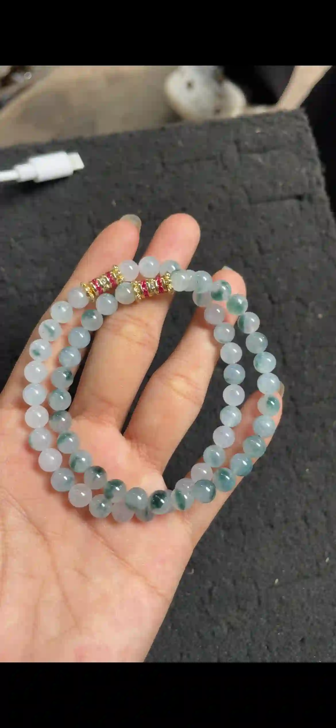Icy Floating Flower Jadeite Beaded Bracelet with Gold Accents, view 2 | Myanmar Jadeite reference #4320002