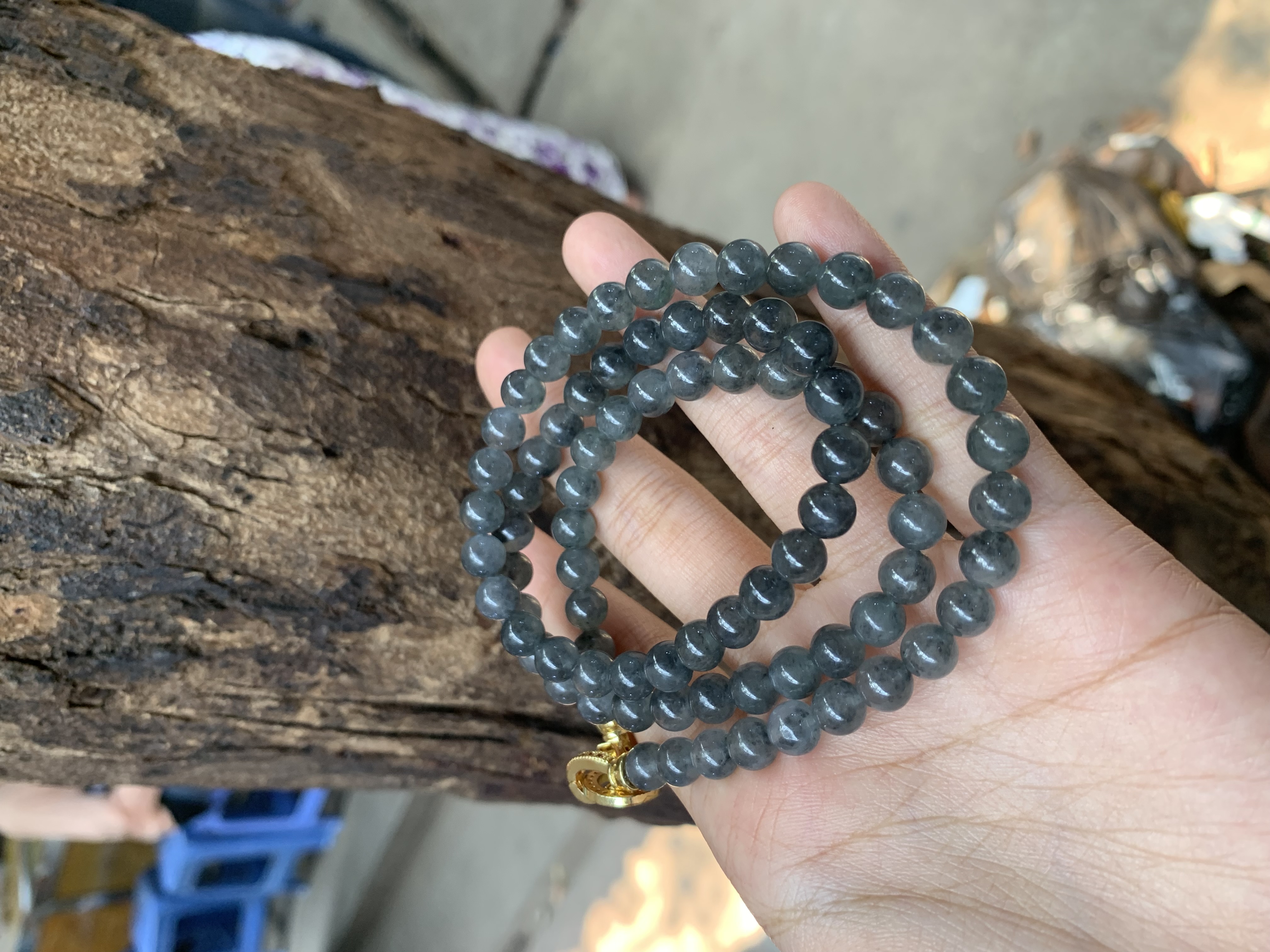   Natural Dark Black Ice Jade Bead Necklace - Burmese Jadeite from Myanmar