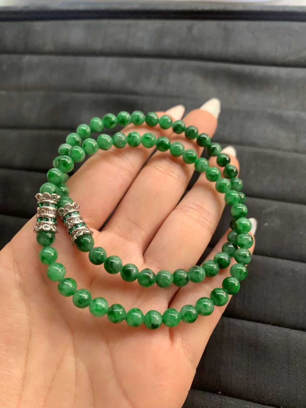  Deep Green Beaded Necklace with Silver-Toned Accents - Burmese Jadeite from Myanmar