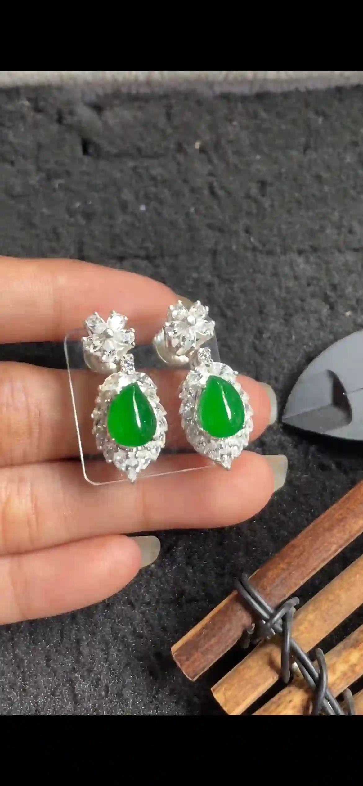   Vivid Emerald Green Jade Teardrop Earrings with Diamond Halo & Floral Tops | Myanmar Jadeite reference #5700001