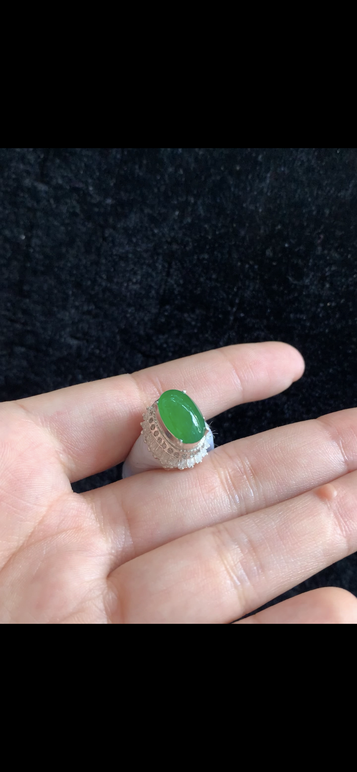 Vivid Imperial Green Jade Oval Cabochon Ring — Diamond Halo Silver Setting