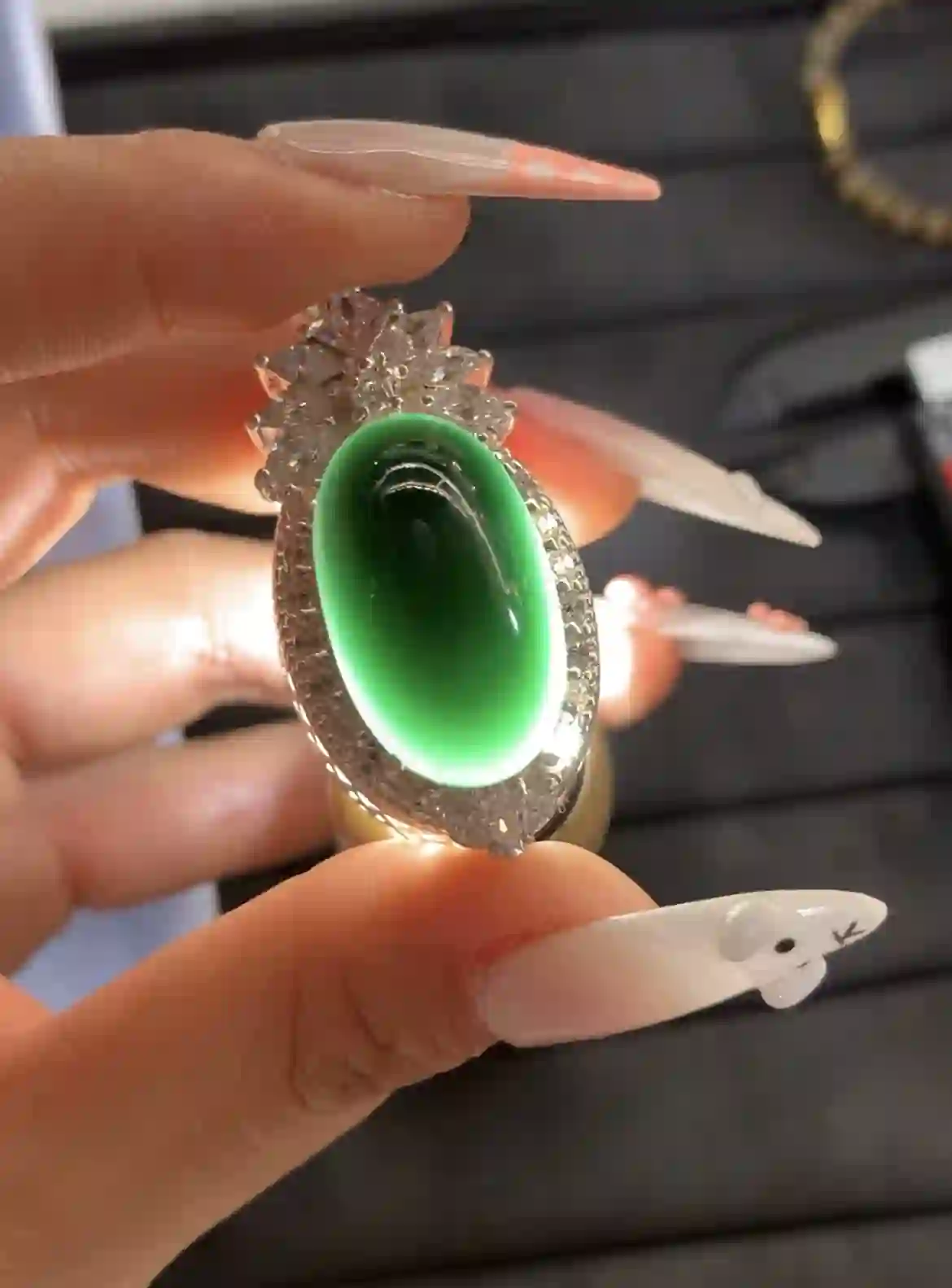  Luxurious Vivid Green Gemstone Ring with Sparkling Accents | Myanmar Jadeite reference #1110002