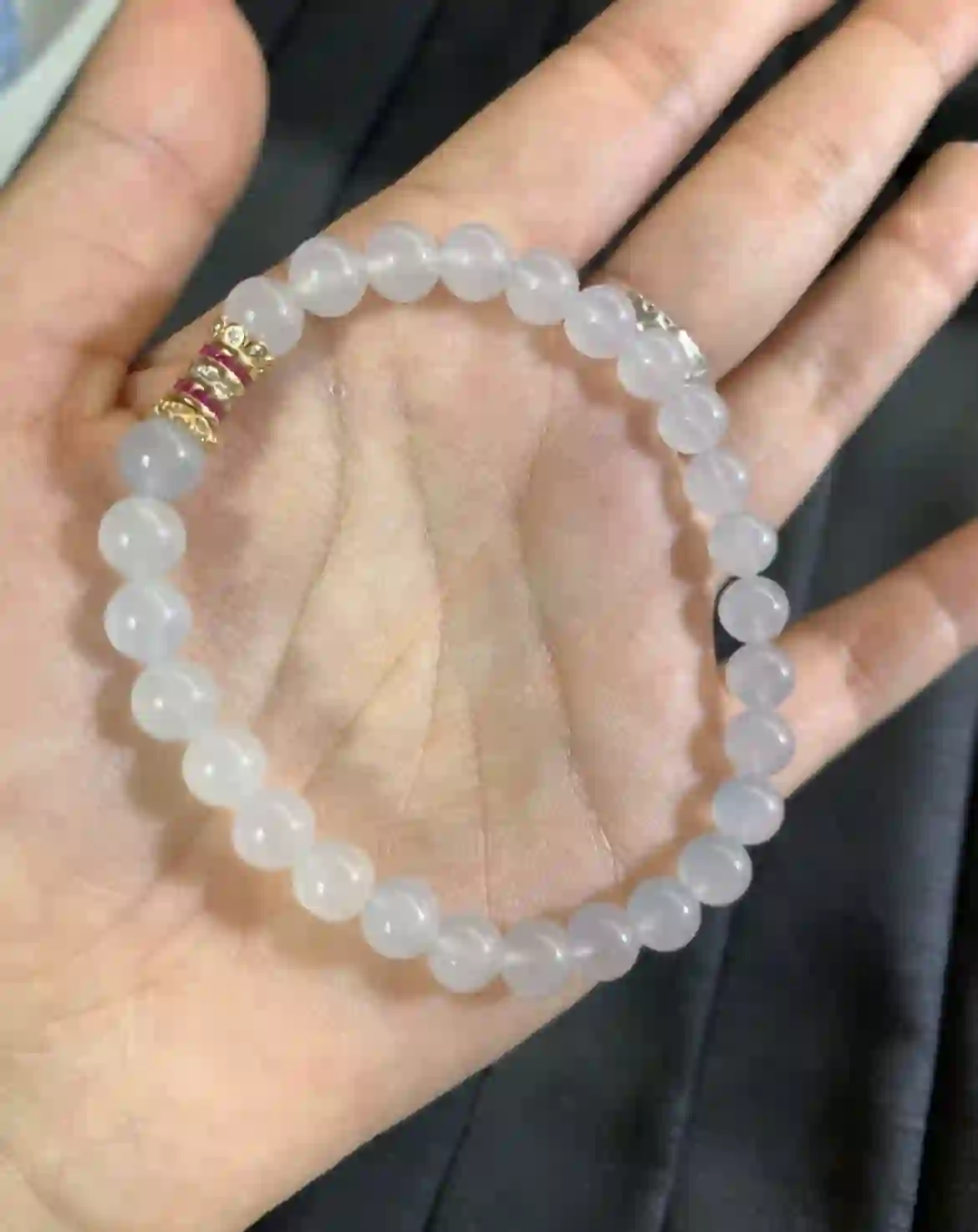   Icy Translucent White Jadeite Beaded Bracelet with Gold Plated Gemstone Accent | Myanmar Jadeite reference #3300002