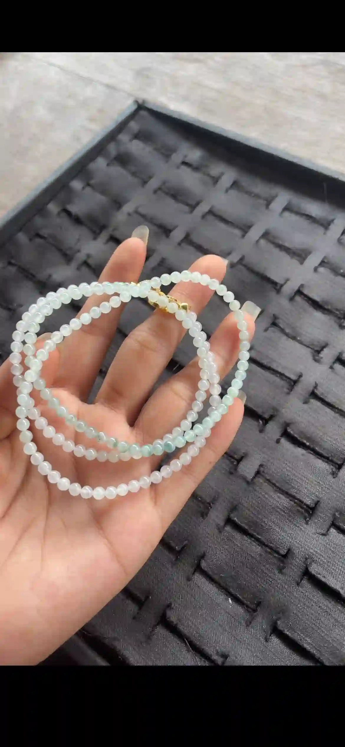 Icy Pale Green Gradient Jadeite Multi-Strand Beaded Necklace with Gold Clasp, view 2 | Myanmar Jadeite reference #24060001