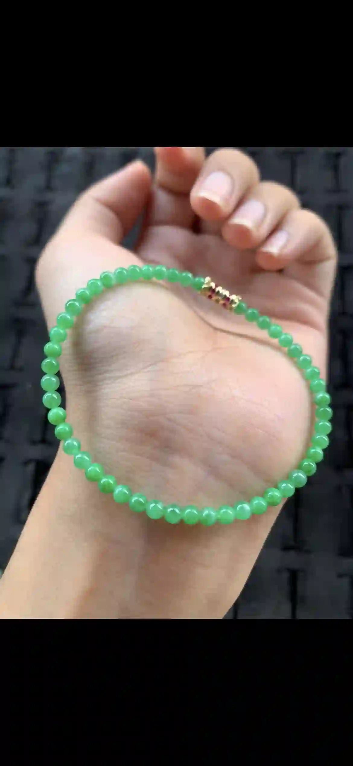 Dainty Uniform Vivid Emerald Green Jade Beaded Bracelet with Gold & Pink Gem Accent, view 2 | Myanmar Jadeite reference #23490001