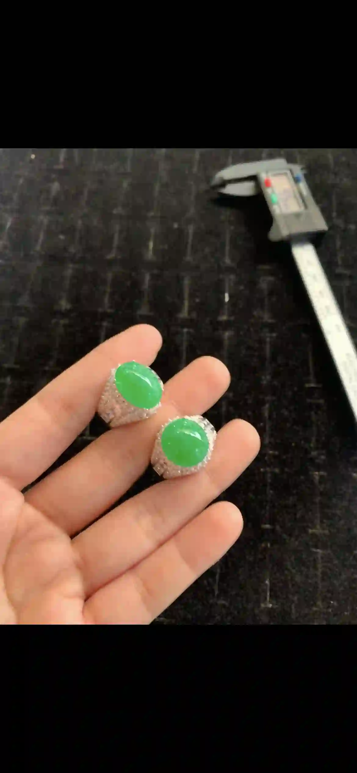 Pair of Vivid Emerald Green Jadeite Cabochon Rings with Diamond Pave Settings, view 2 | Myanmar Jadeite reference #20280001