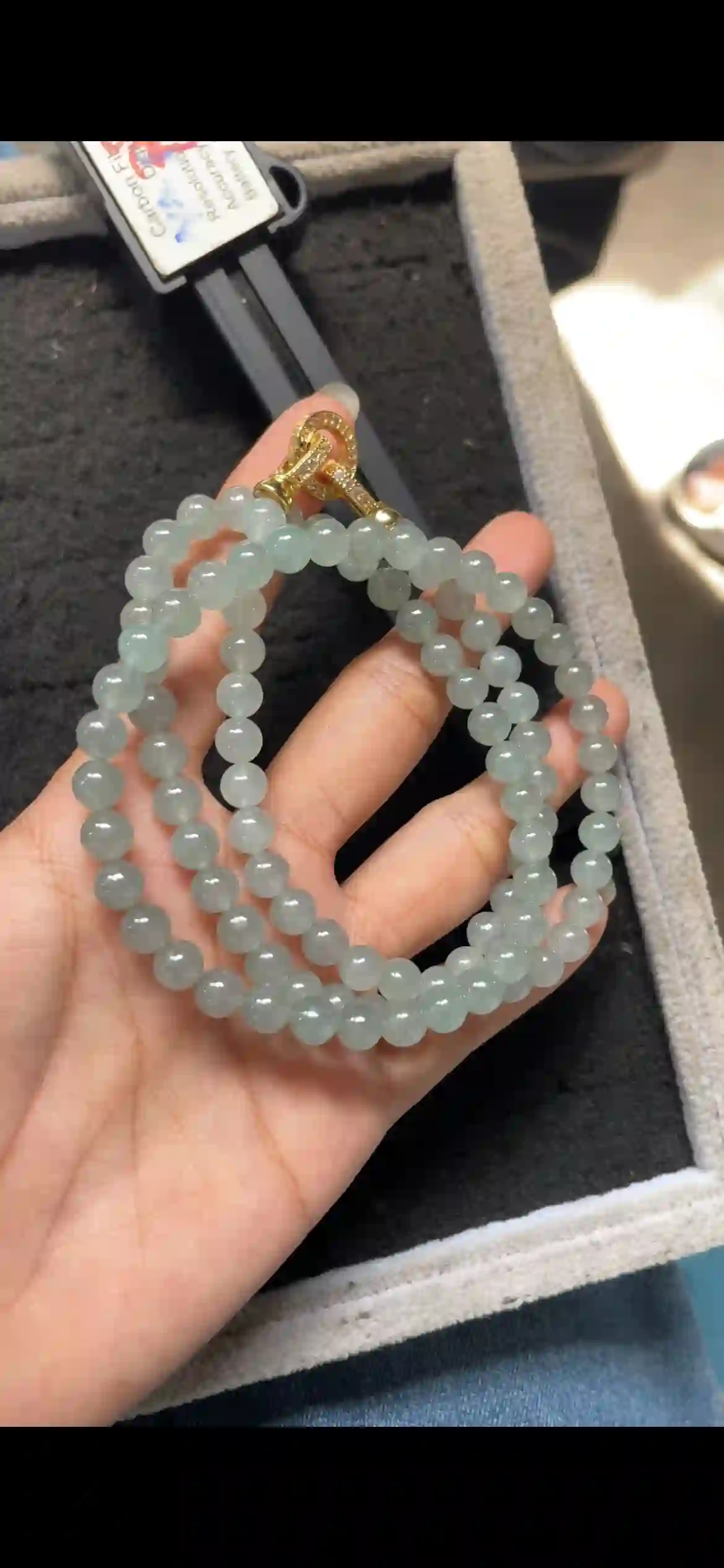  Natural Icy Floating Green Jadeite Bead Necklace with Diamond-Set Gold Clasp | Myanmar Jadeite reference #6690006