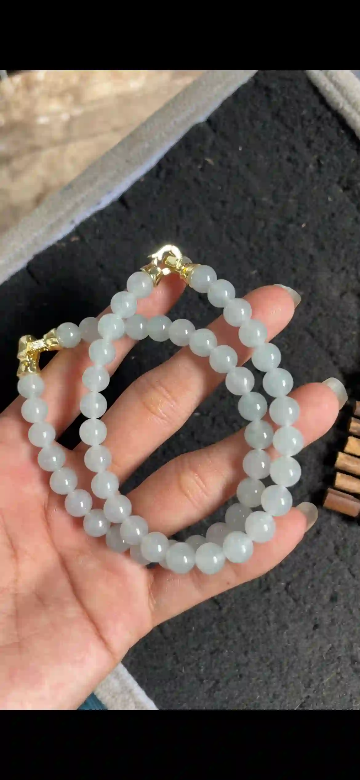  Icy Translucent Pale Blue Jade Bead Necklace, Fine Round Beaded Chain with Gold Clasp, view 2 | Myanmar Jadeite reference #5040001