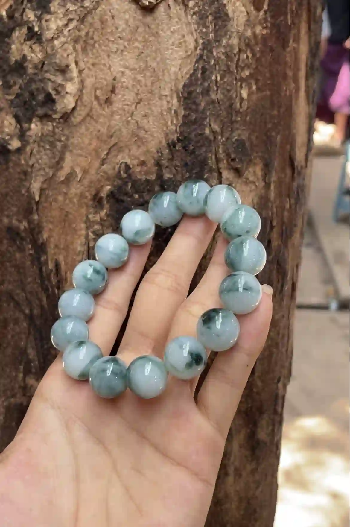   Icy Translucent Blue-Green Floating Flower Jadeite Beaded Bracelet | Myanmar Jadeite reference #3420001