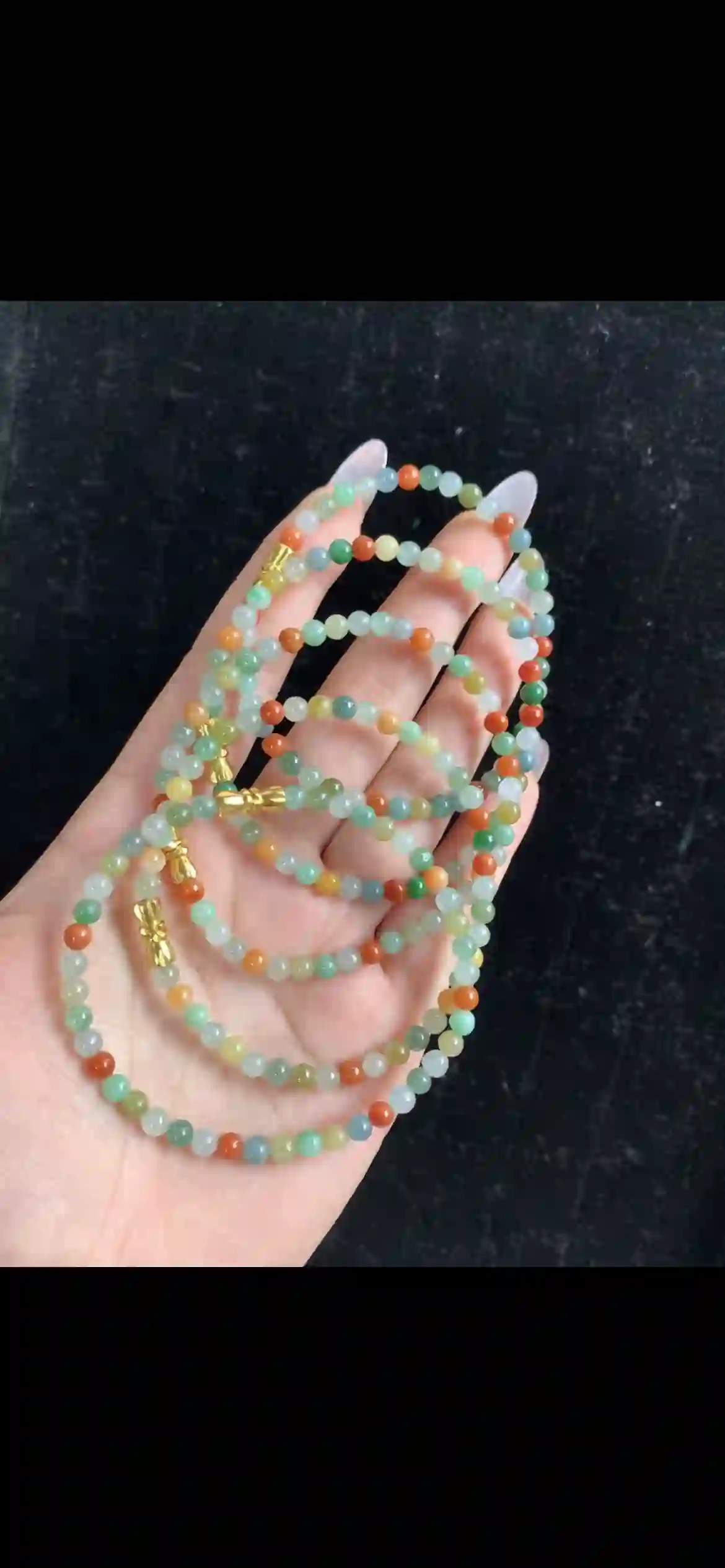 Long Multicolor Jade Bead Necklace with Gilded Clasps — Vibrant Full-Spectrum Design, view 2 | Myanmar Jadeite reference #32280001
