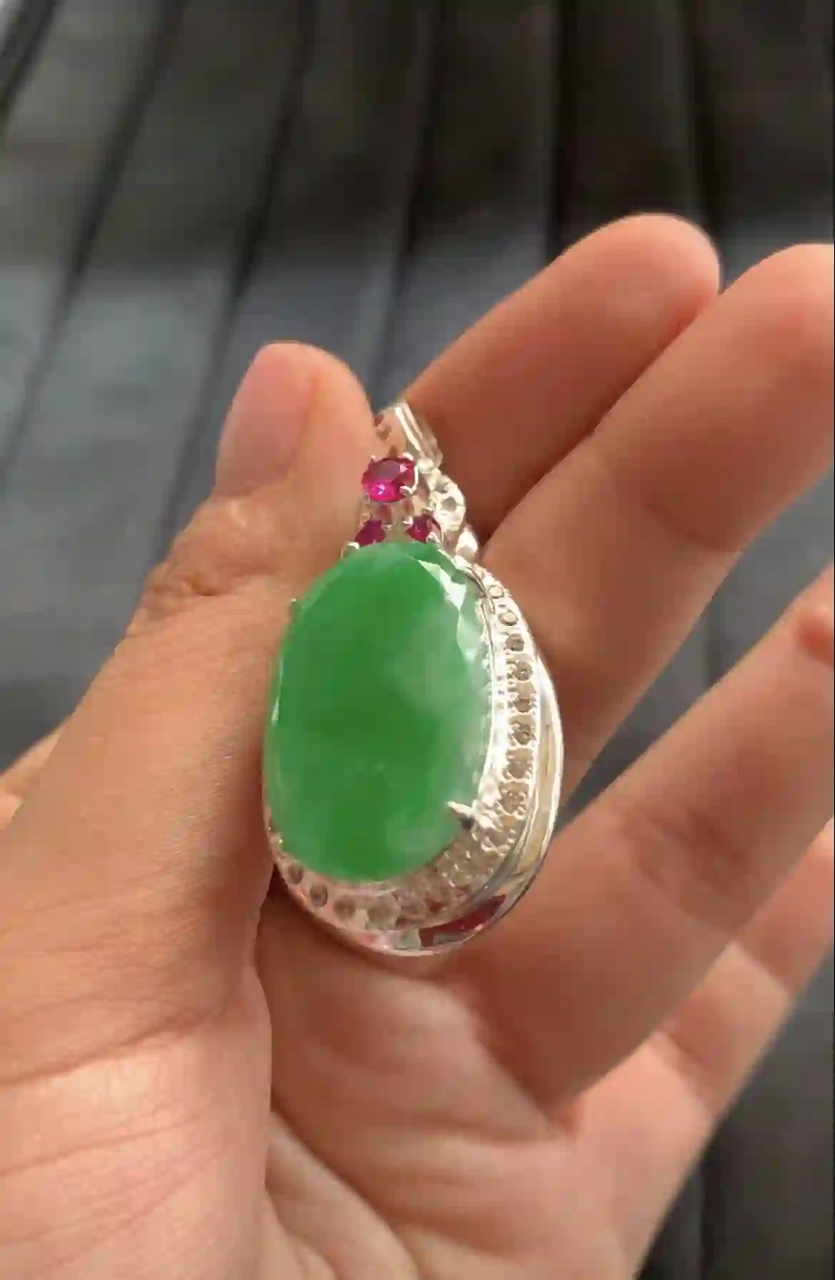  Natural Vivid Green Jade Pendant with Ruby Accents, view 2 | Myanmar Jadeite reference #1920003