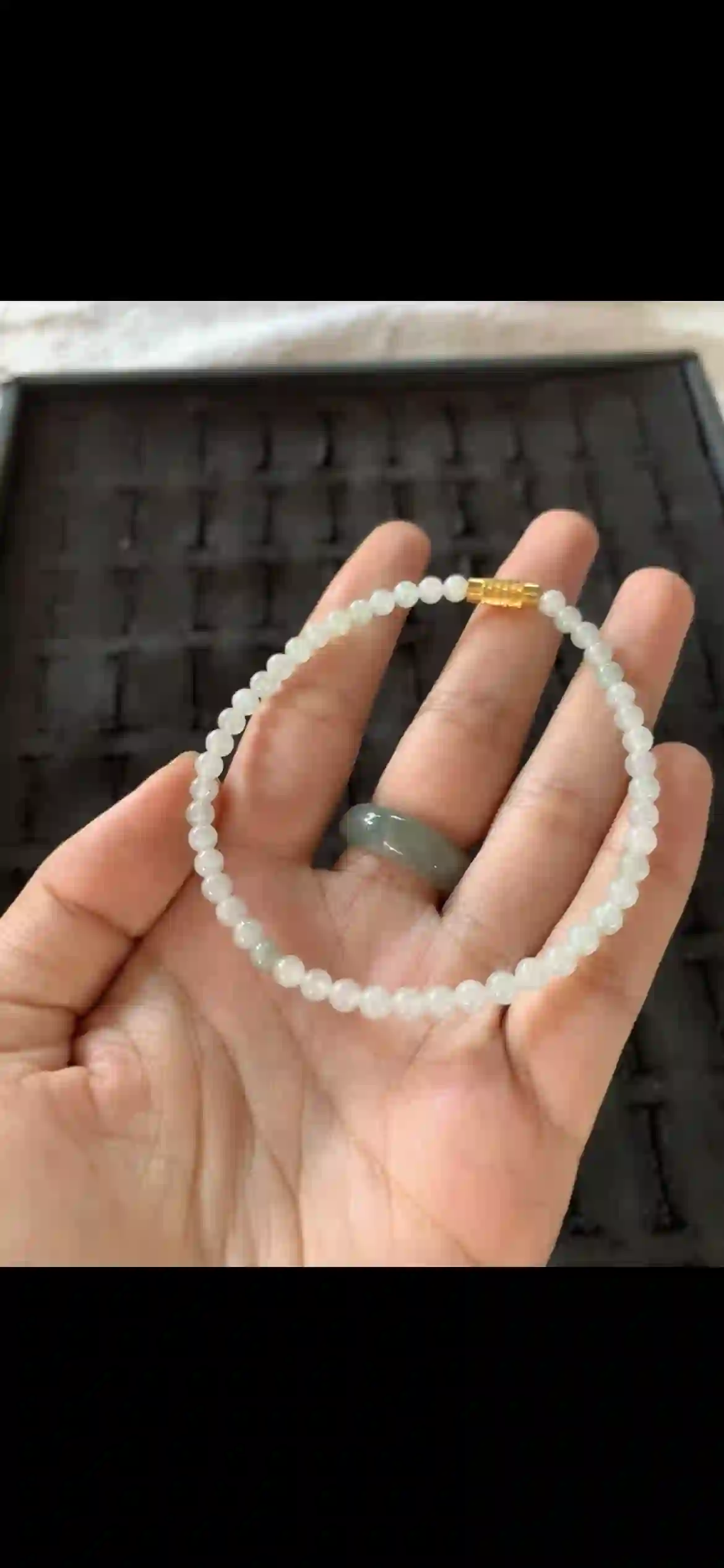 Delicate Icy White Jade Beaded Bracelet with Gold Barrel Clasp | Myanmar Jadeite reference #27540001
