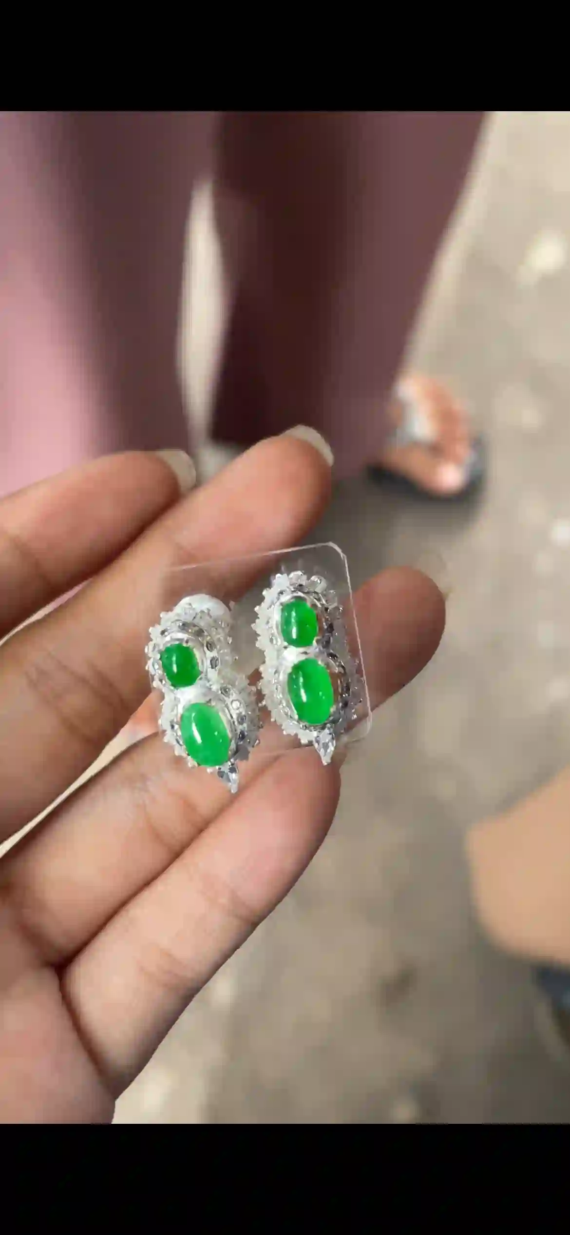   Vivid Green Jade & Diamond Halo Earrings, Sterling Silver Luxury Studs, view 2 | Myanmar Jadeite reference #5190001