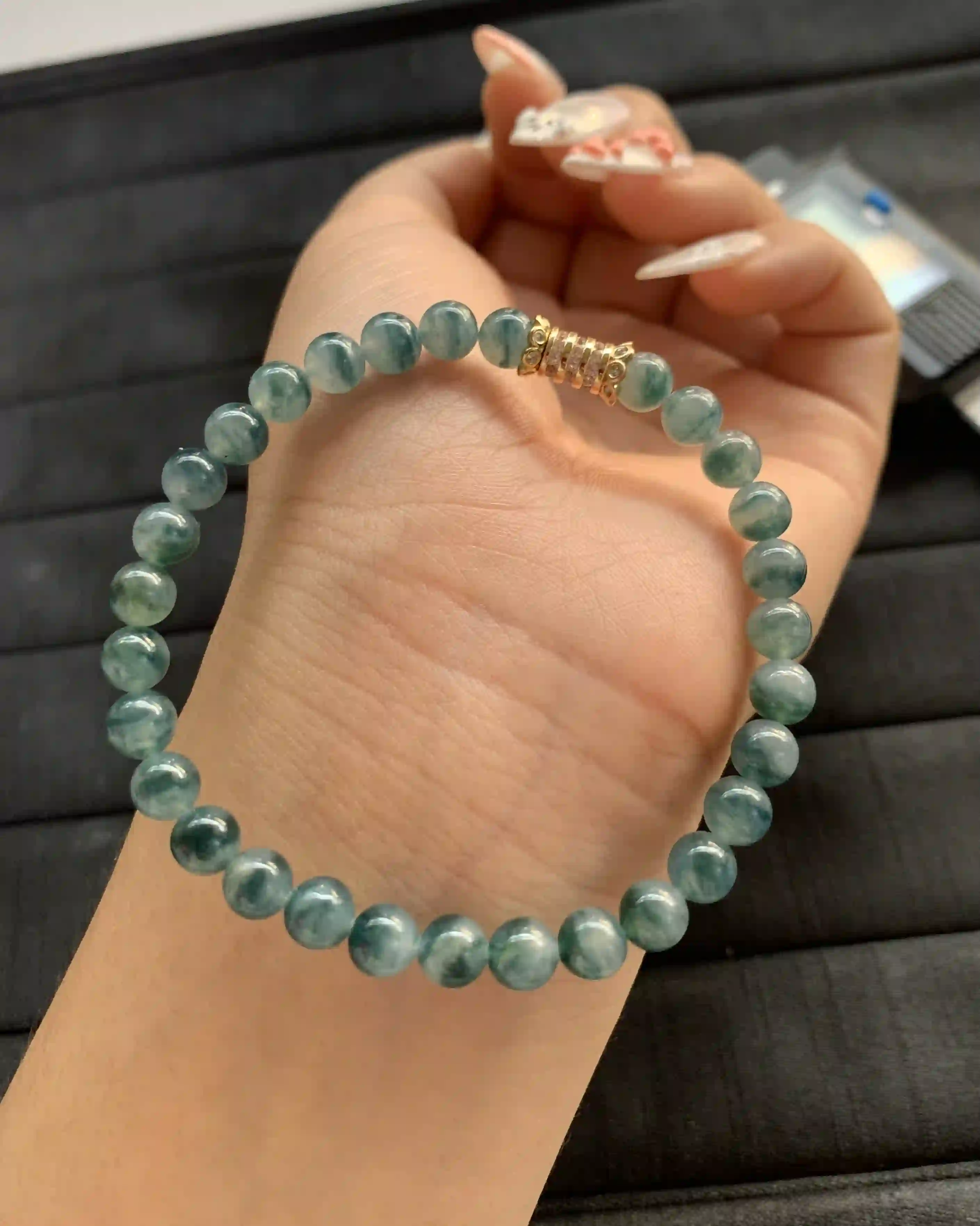 Translucent Teal Jade Bead Bracelet with Gold Clasp | Myanmar Jadeite reference #1320007