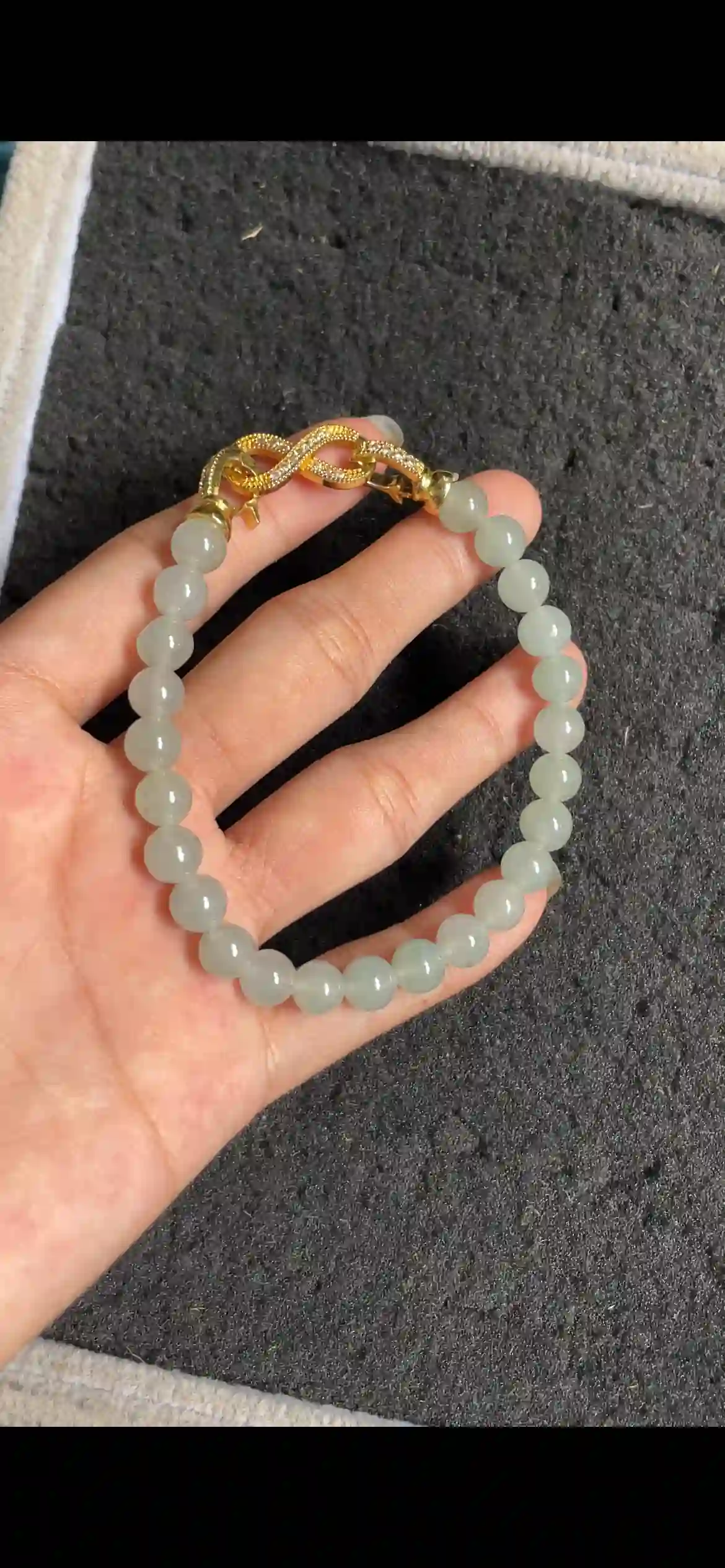 Icy Translucent Pale Green Jade Bead Bracelet with Gold Clasp, view 2 | Myanmar Jadeite reference #5910001