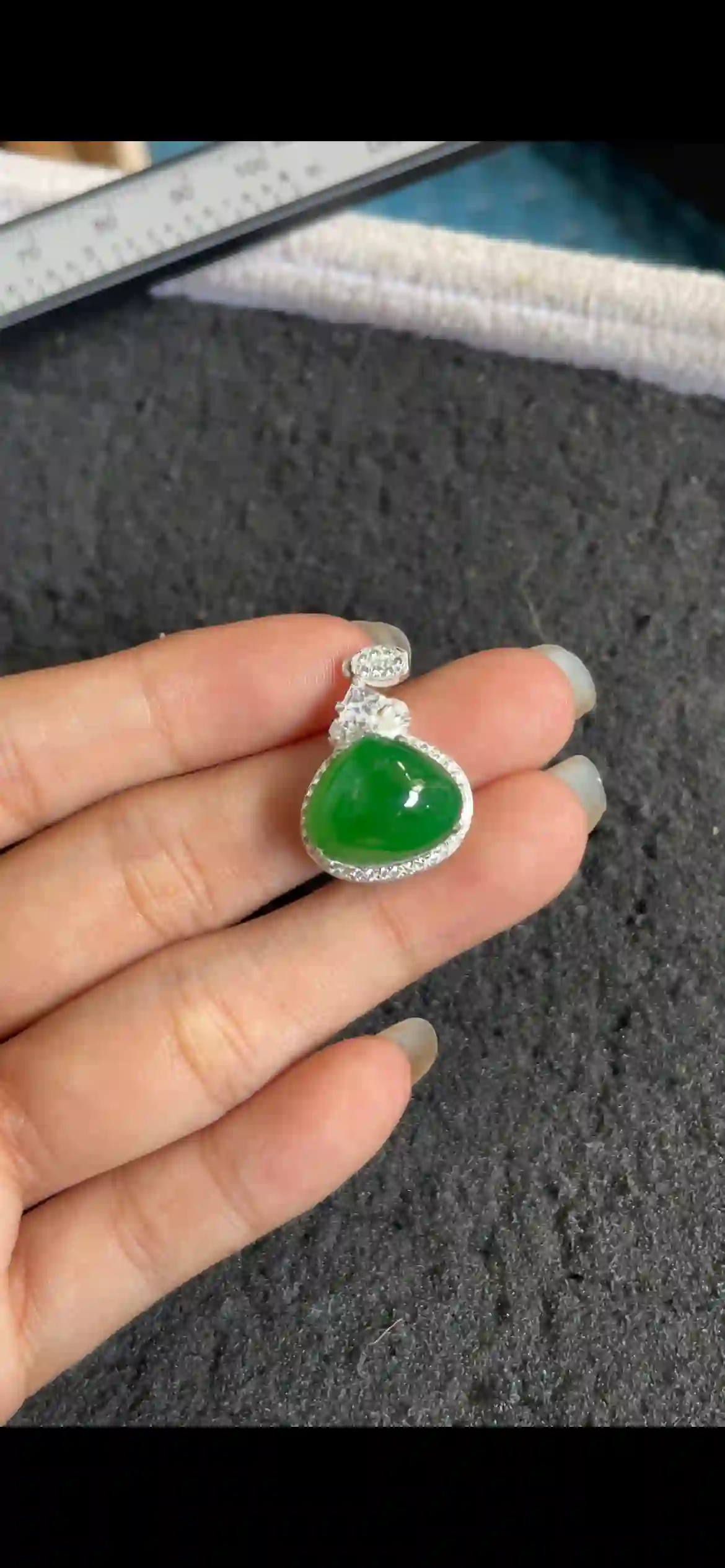  Vibrant Green Jade Teardrop Pendant with Diamond Accents | Myanmar Jadeite reference #5790003