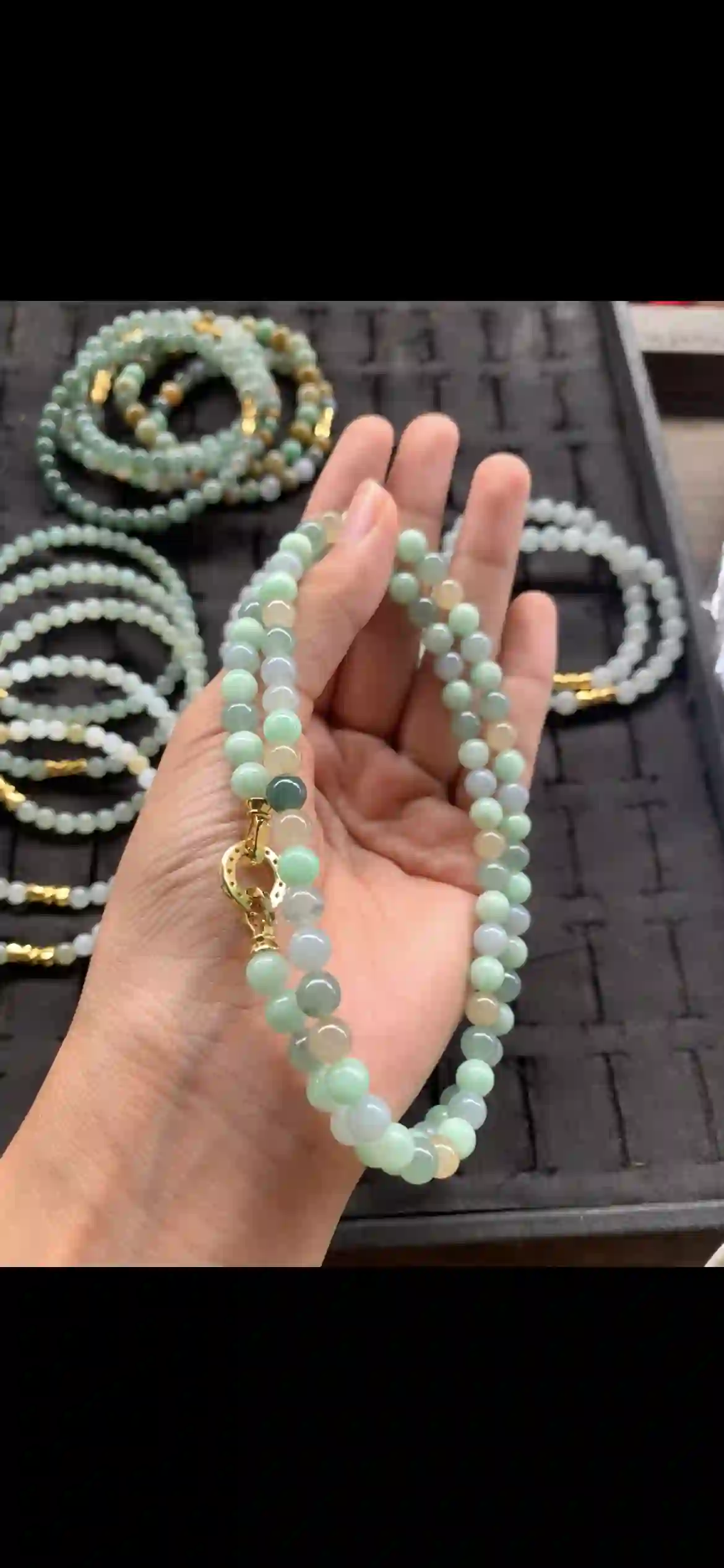 Multicolor Gradient Jade Bead Necklace with Gold Lobster Clasp, view 2 | Myanmar Jadeite reference #18540001