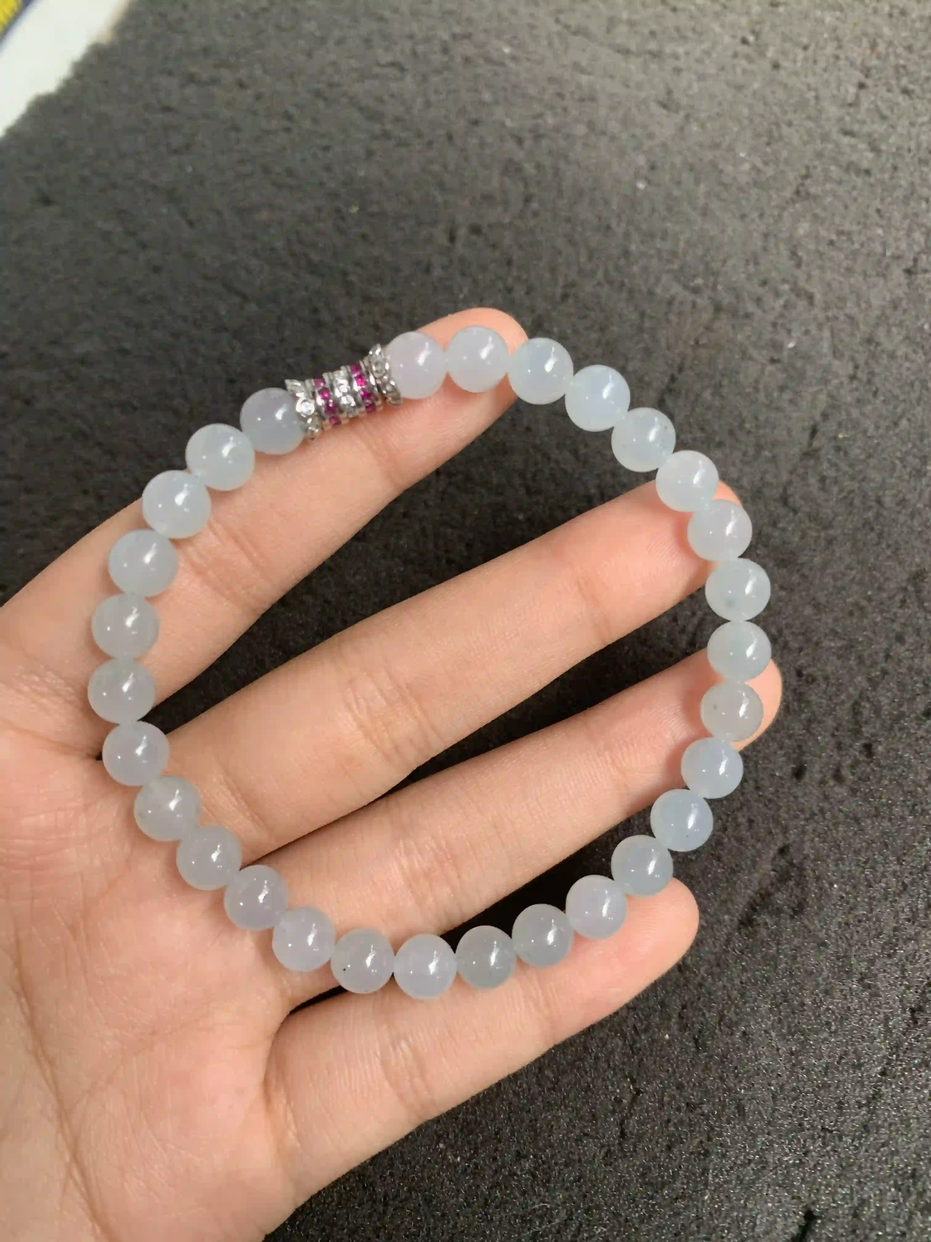  Light Blue-Gray Beaded Bracelet with Decorative Metal Accent, view 2 | Myanmar Jadeite reference #690001