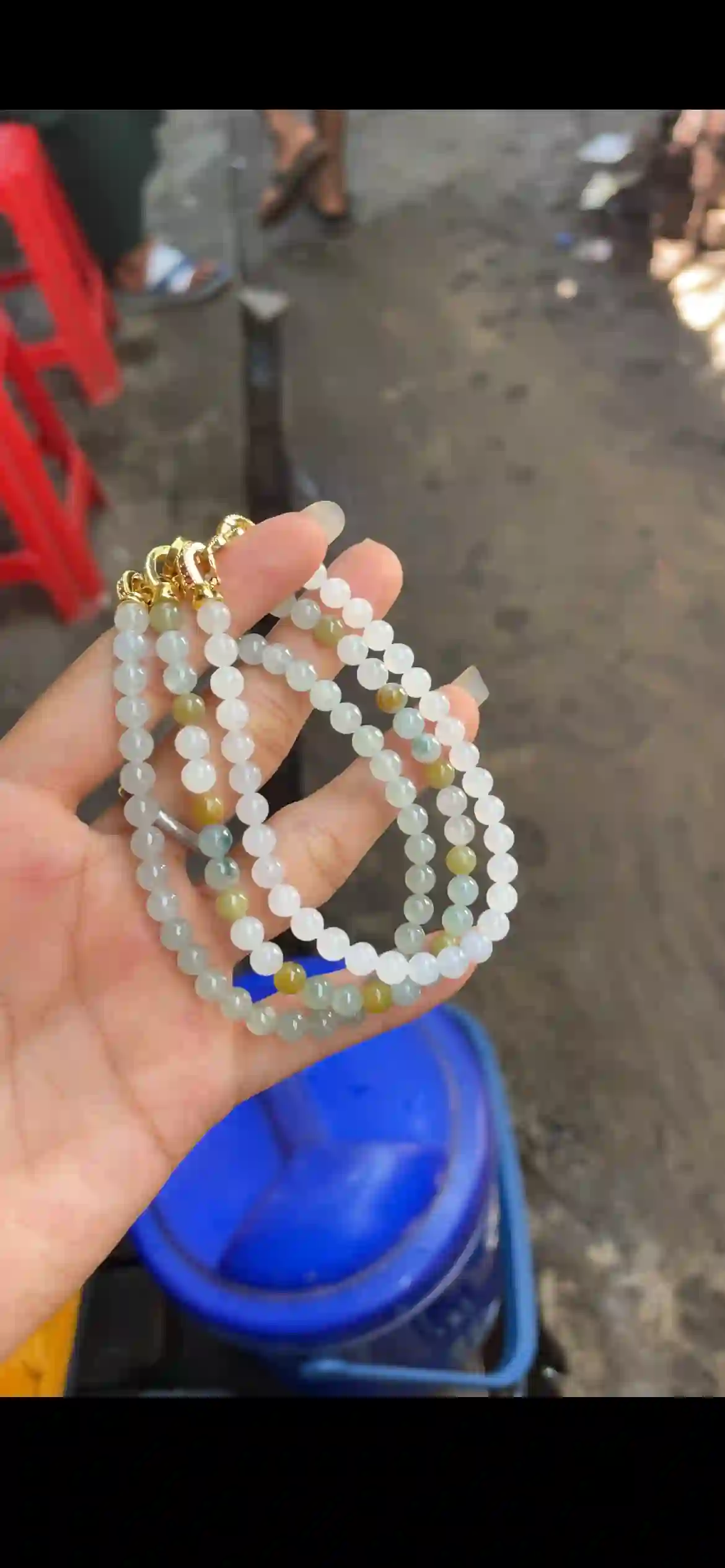 Icy White Jade Bead Strands with Honey-Yellow & Pale Green Accents — Set of 3, view 2 | Myanmar Jadeite reference #21270001