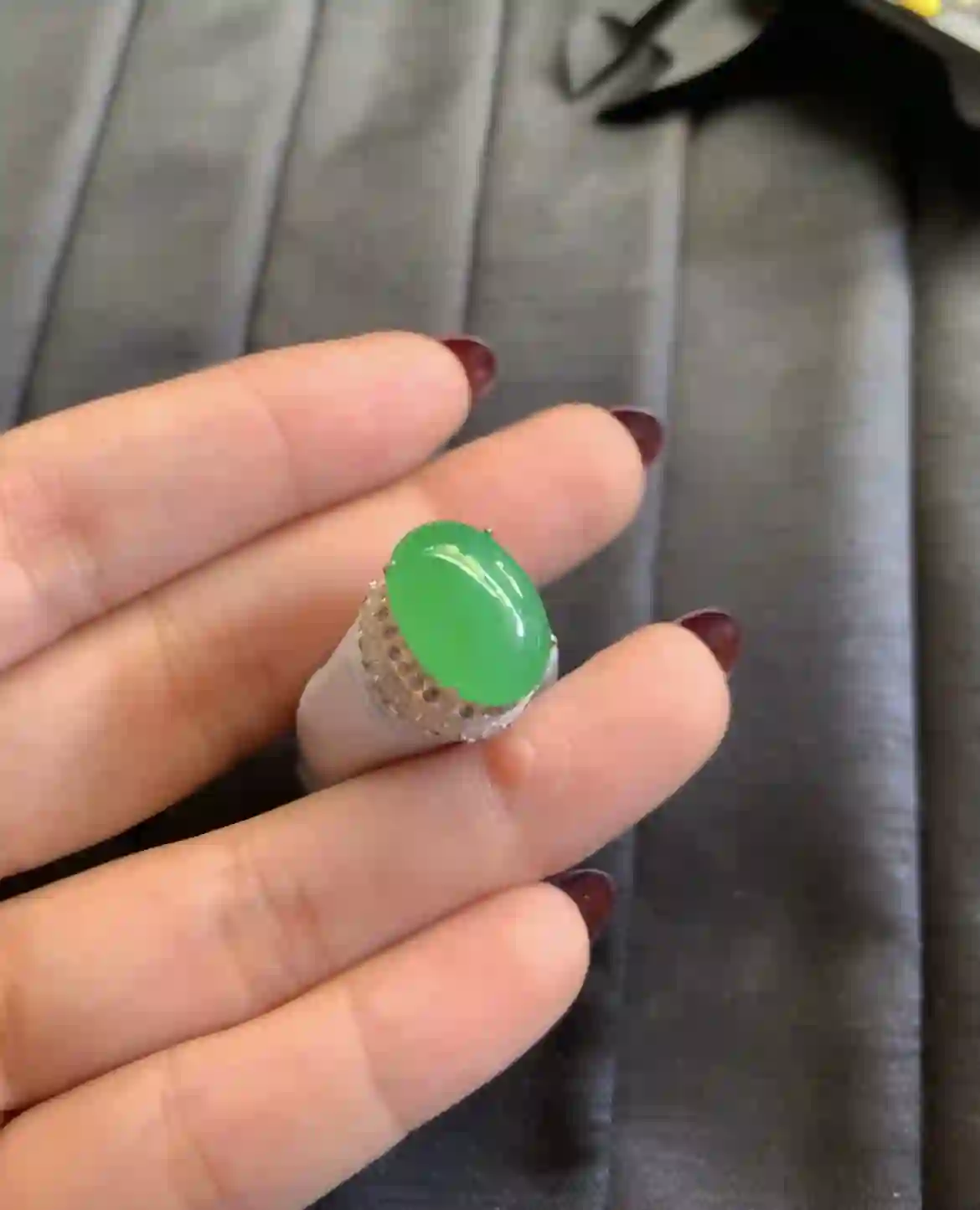  Vivid Emerald Green Jade Oval Cabochon Ring with Diamond Halo | Myanmar Jadeite reference #2910007