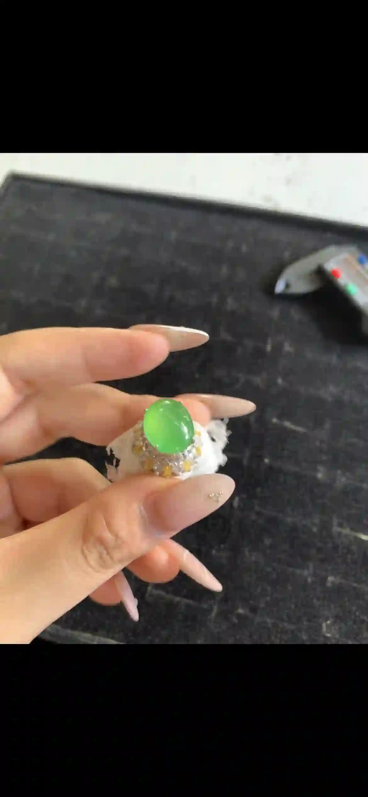 Vivid Green Cabochon Jade Ring with Diamond & Yellow Sapphire Halo, view 2 | Myanmar Jadeite reference #27180001